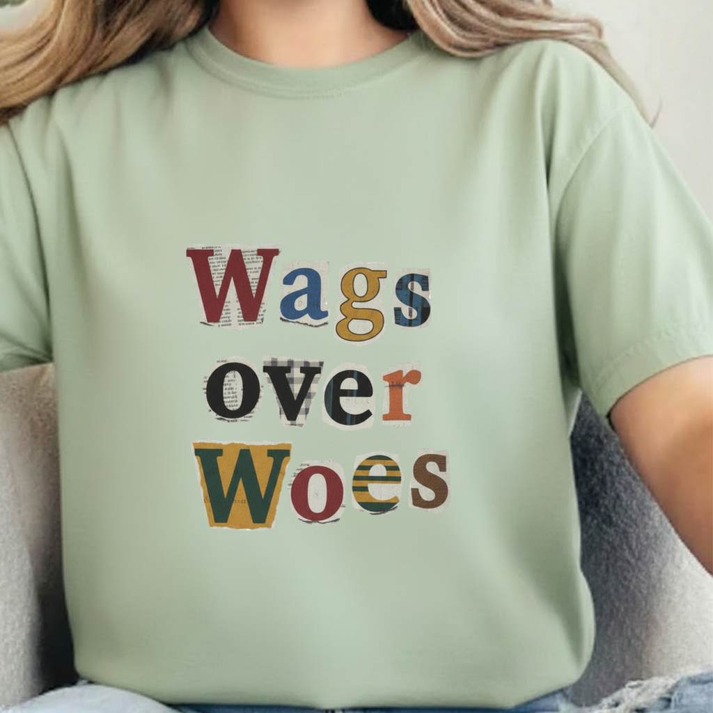 Wags Over Woes T-Shirt — Vintage Patch Lettering Dog Lover Tee Retro Design