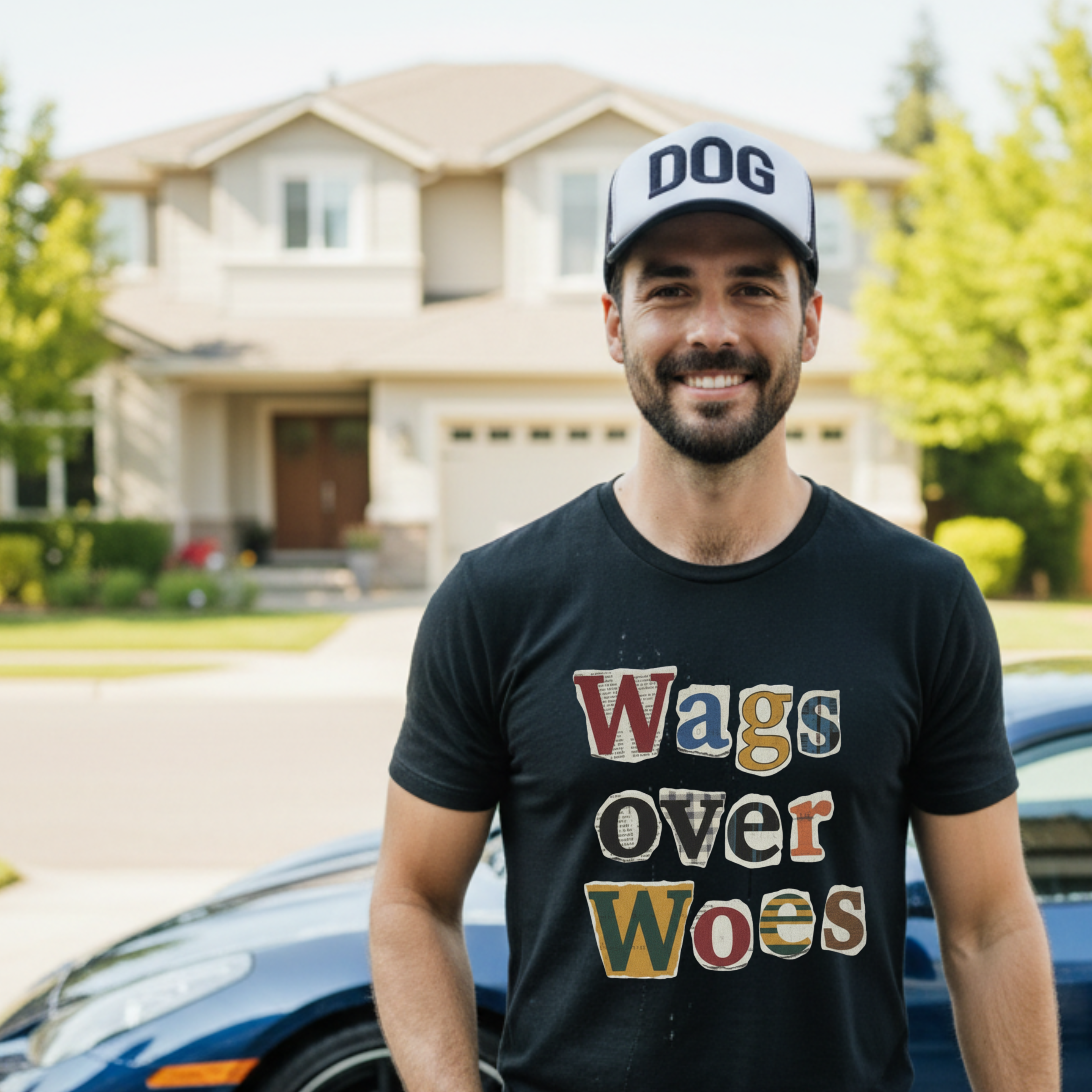 Wags Over Woes T-Shirt — Vintage Patch Lettering Dog Lover Tee Retro Design