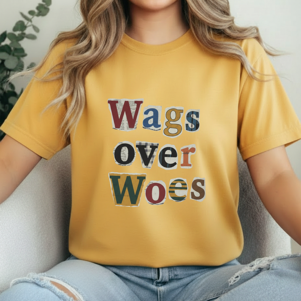 Wags Over Woes T-Shirt — Vintage Patch Lettering Dog Lover Tee Retro Design