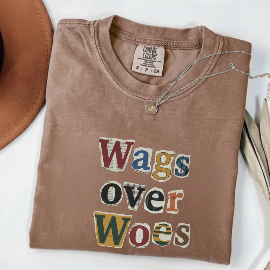 Wags Over Woes T-Shirt — Vintage Patch Lettering Dog Lover Tee Retro Design