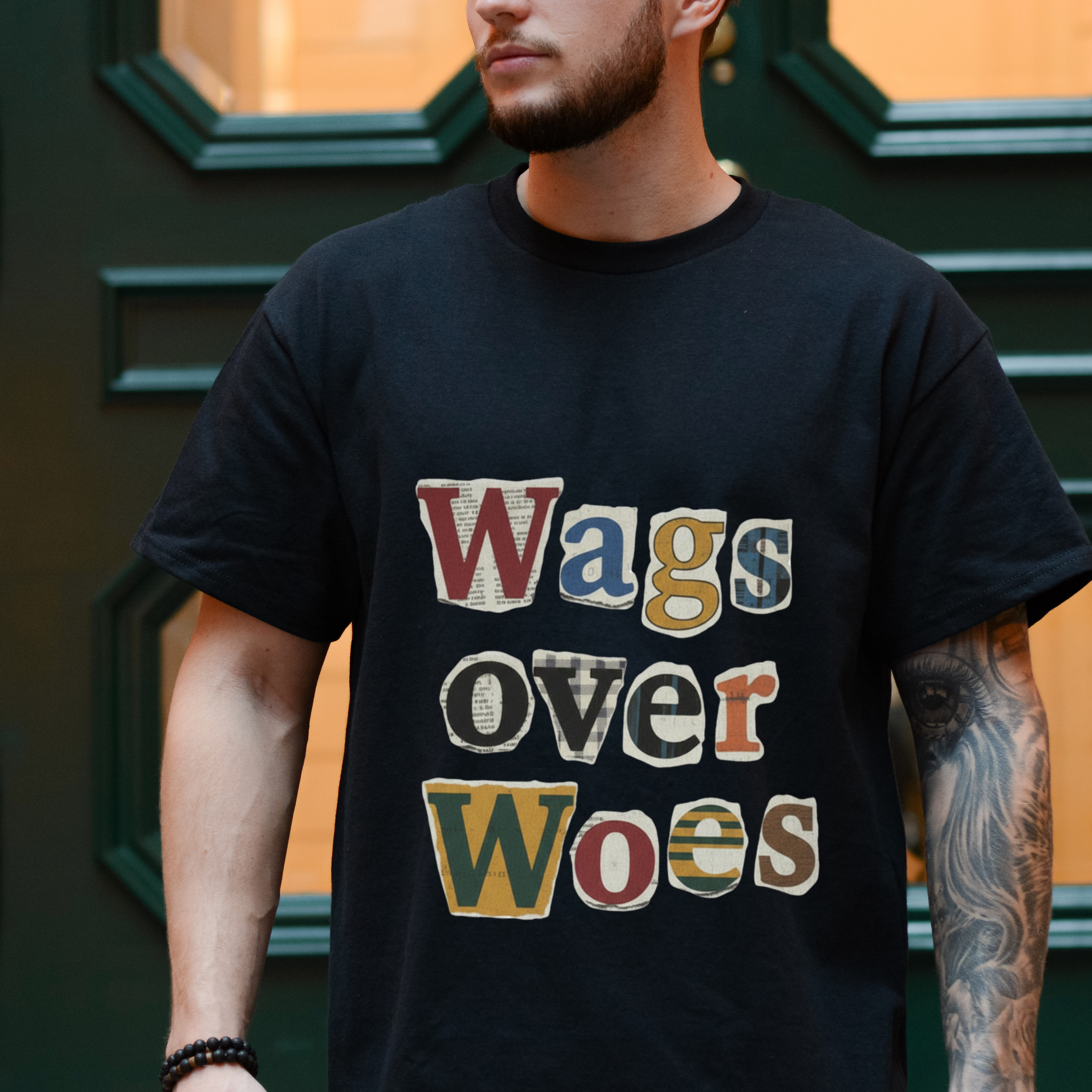 Wags Over Woes T-Shirt — Vintage Patch Lettering Dog Lover Tee Retro Design