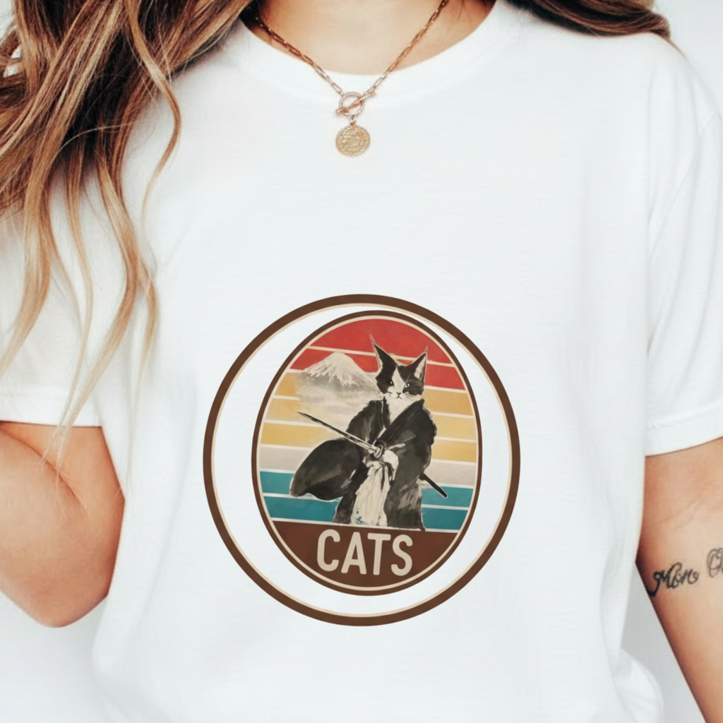 Retro Ninja Cats T-Shirt – Vintage Sunset Cat Graphic Tee