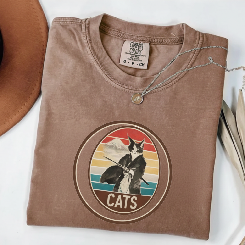 Retro Ninja Cats T-Shirt – Vintage Sunset Cat Graphic Tee