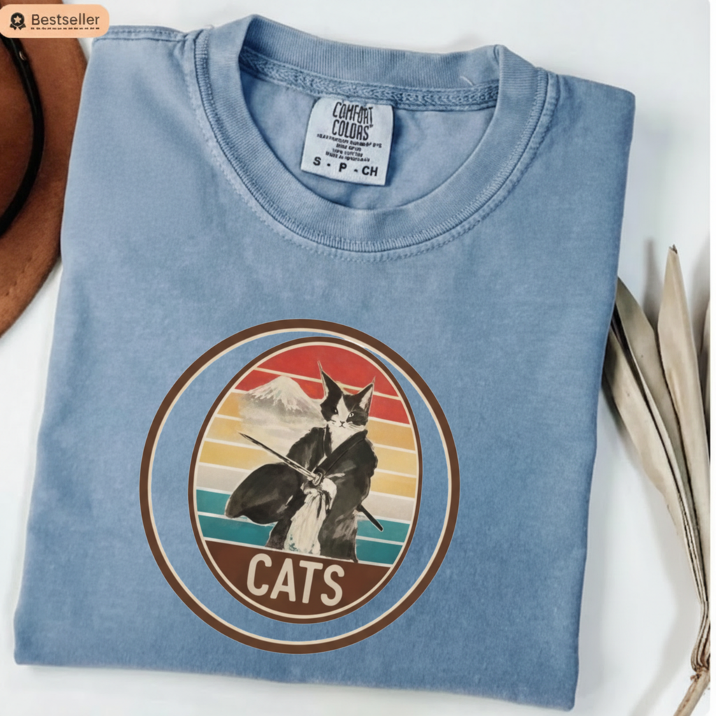 Retro Ninja Cats T-Shirt – Vintage Sunset Cat Graphic Tee