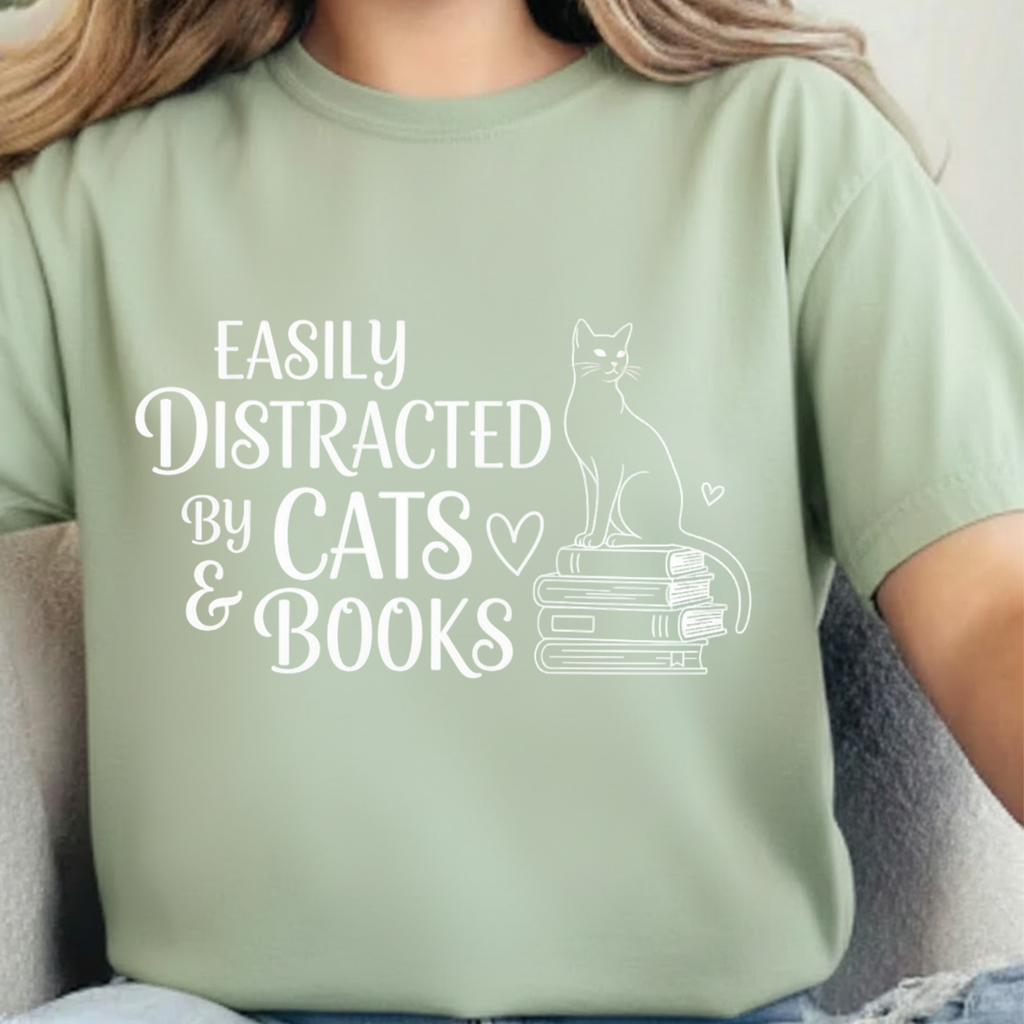 T-Shirt Easily distracted by Cats and Books  Garment Dyed Unisex Soft Cotton Tee – Minimal Casual Basic Shirt, Gender Neutral Everyday Summer Tee, Perfect Gift for Him or Her, Ideal for Cat Lovers Easily Distracted by Cats