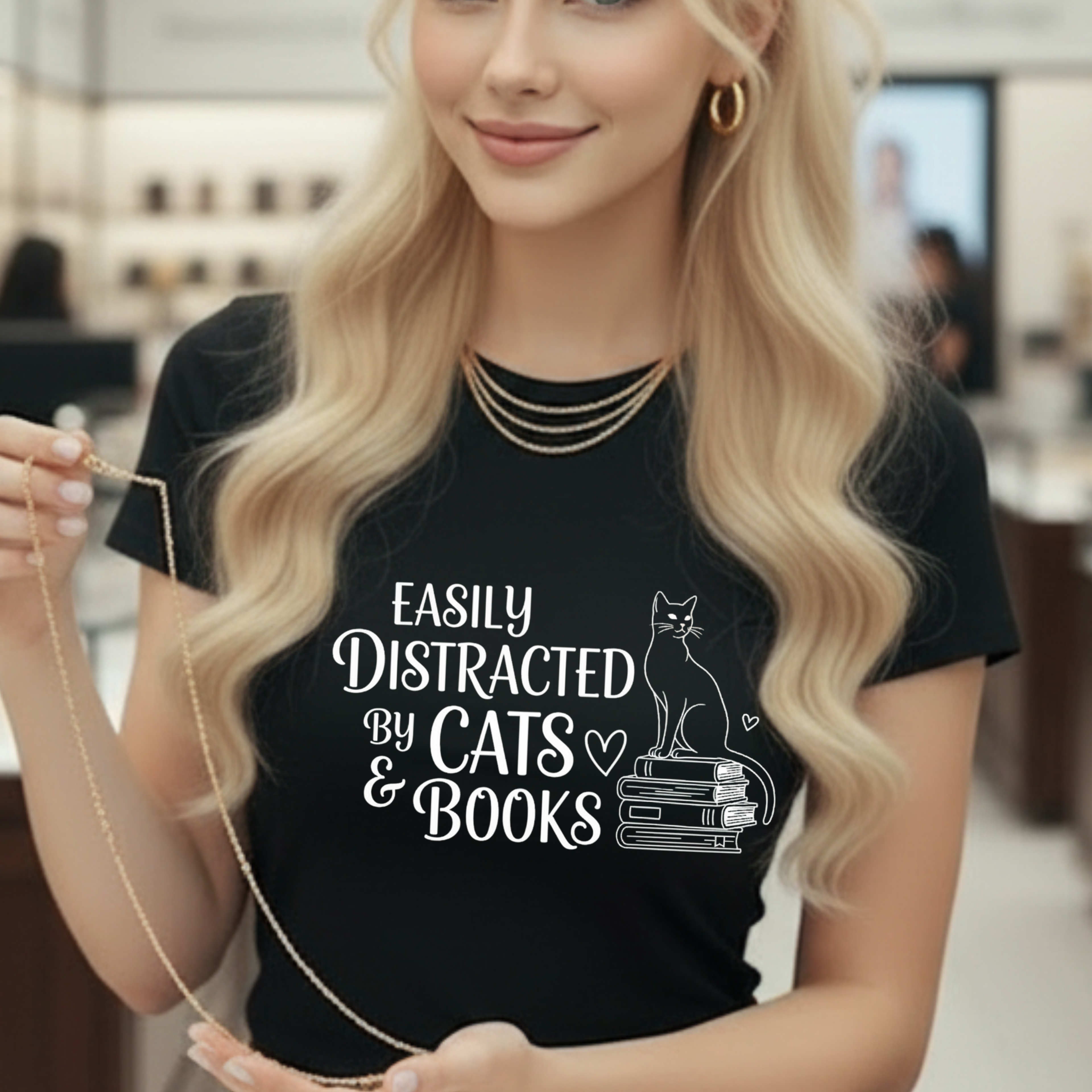 T-Shirt Easily distracted by Cats and Books  Garment Dyed Unisex Soft Cotton Tee – Minimal Casual Basic Shirt, Gender Neutral Everyday Summer Tee, Perfect Gift for Him or Her, Ideal for Cat Lovers Easily Distracted by Cats