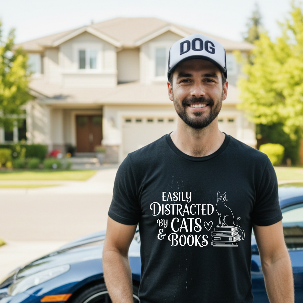 T-Shirt Easily distracted by Cats and Books  Garment Dyed Unisex Soft Cotton Tee – Minimal Casual Basic Shirt, Gender Neutral Everyday Summer Tee, Perfect Gift for Him or Her, Ideal for Cat Lovers Easily Distracted by Cats