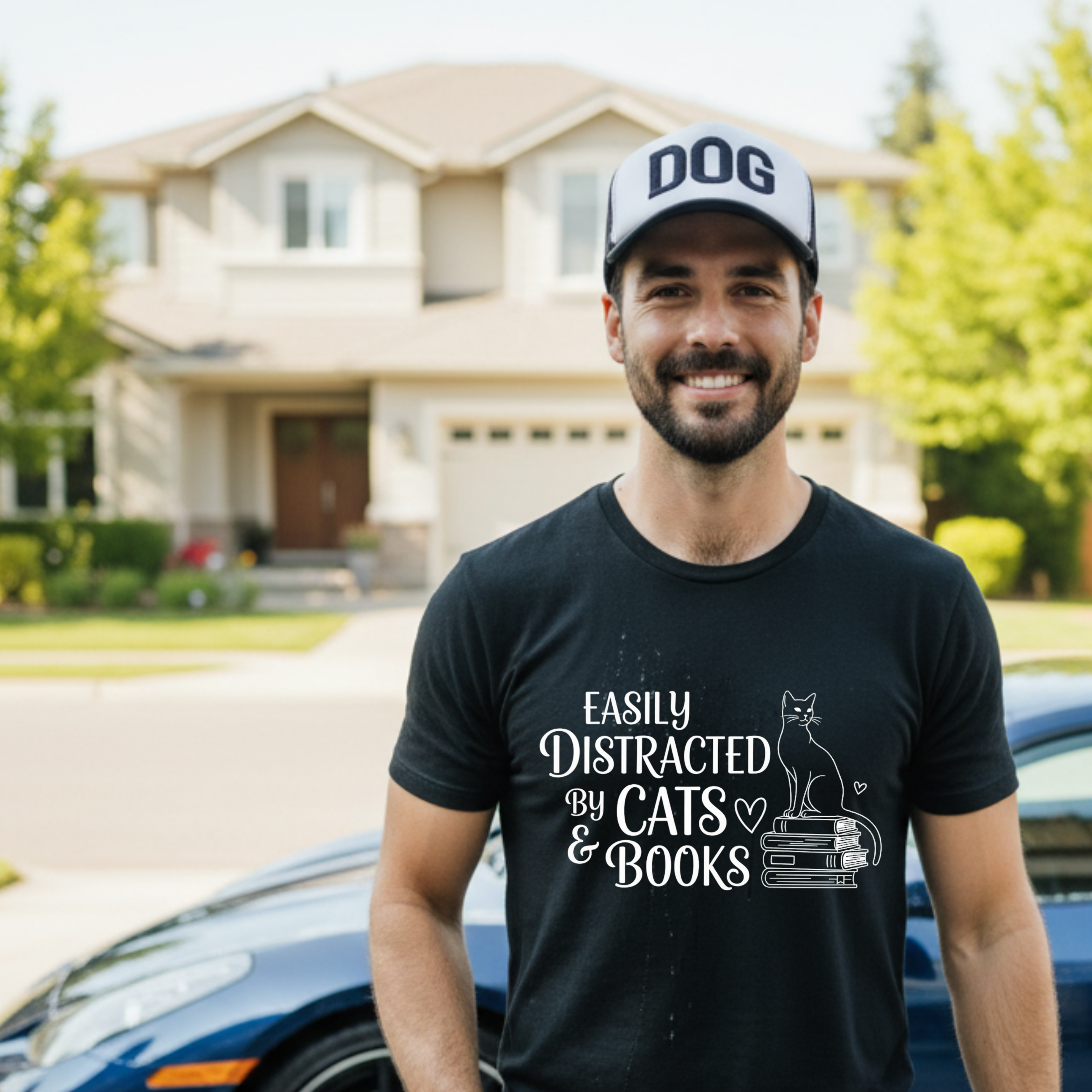 T-Shirt Easily distracted by Cats and Books  Garment Dyed Unisex Soft Cotton Tee – Minimal Casual Basic Shirt, Gender Neutral Everyday Summer Tee, Perfect Gift for Him or Her, Ideal for Cat Lovers Easily Distracted by Cats