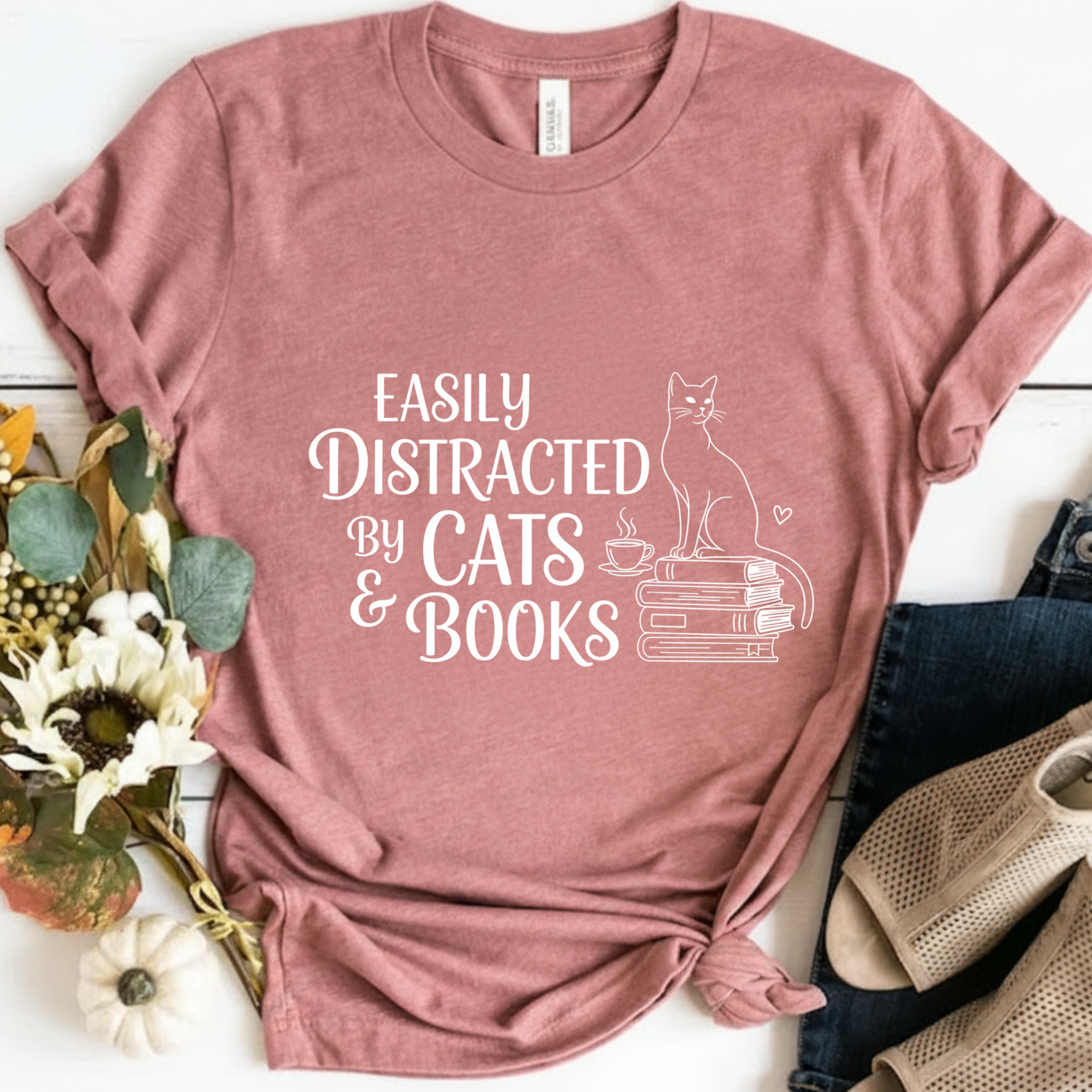 T-Shirt Easily distracted by Cats and Books  Garment Dyed Unisex Soft Cotton Tee – Minimal Casual Basic Shirt, Gender Neutral Everyday Summer Tee, Perfect Gift for Him or Her, Ideal for Cat Lovers Easily Distracted by Cats