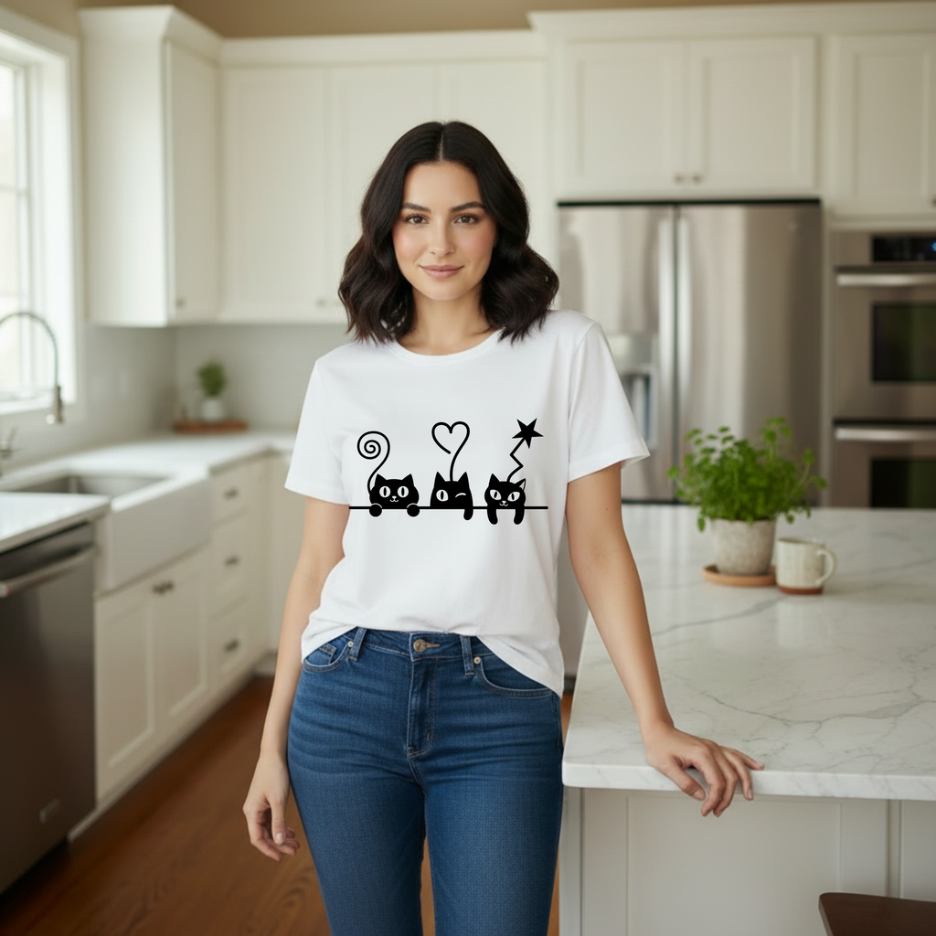 Cat Trio Graphic T-Shirt — Cute Black Cats Heart Magic Tee