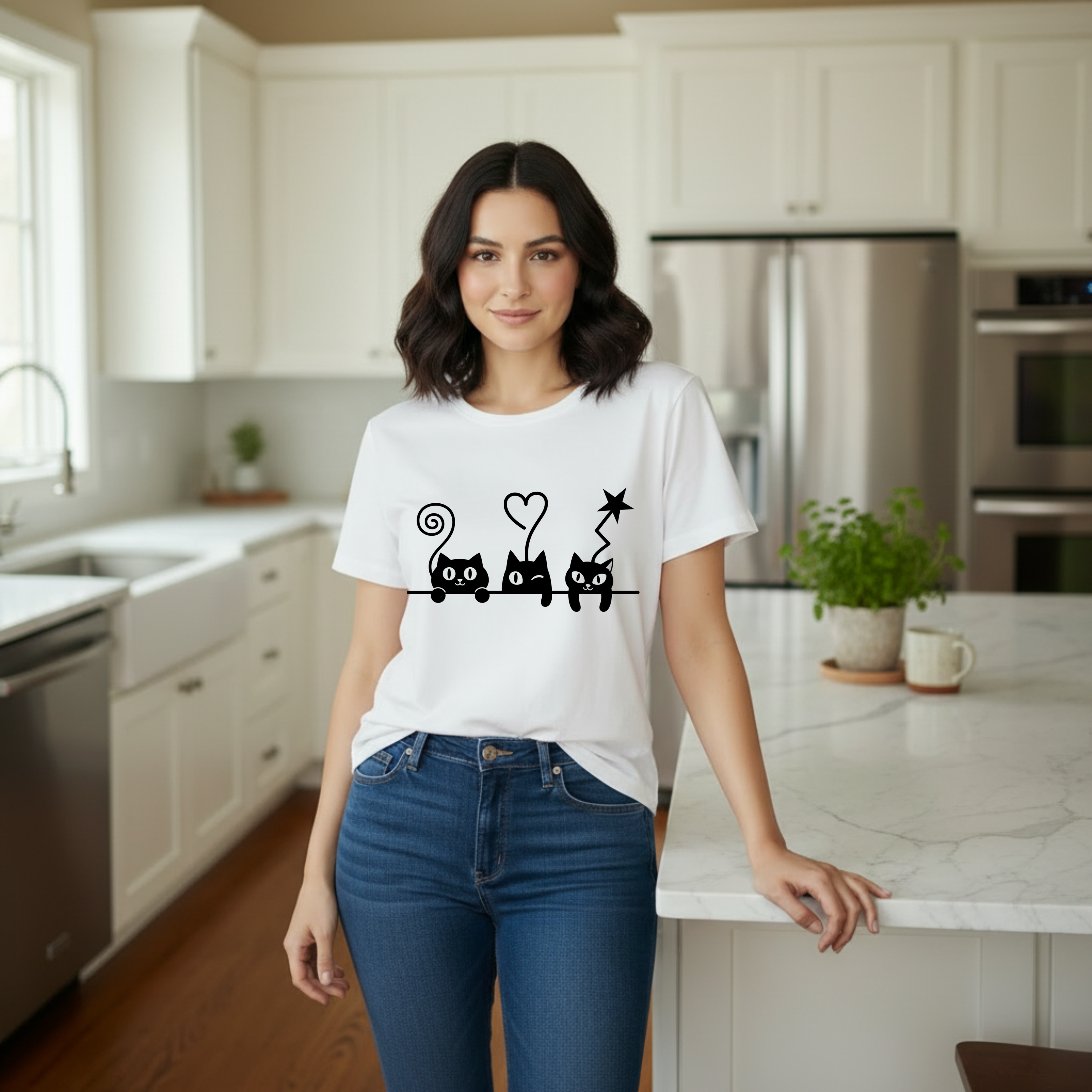 Cat Trio Graphic T-Shirt — Cute Black Cats Heart Magic Tee