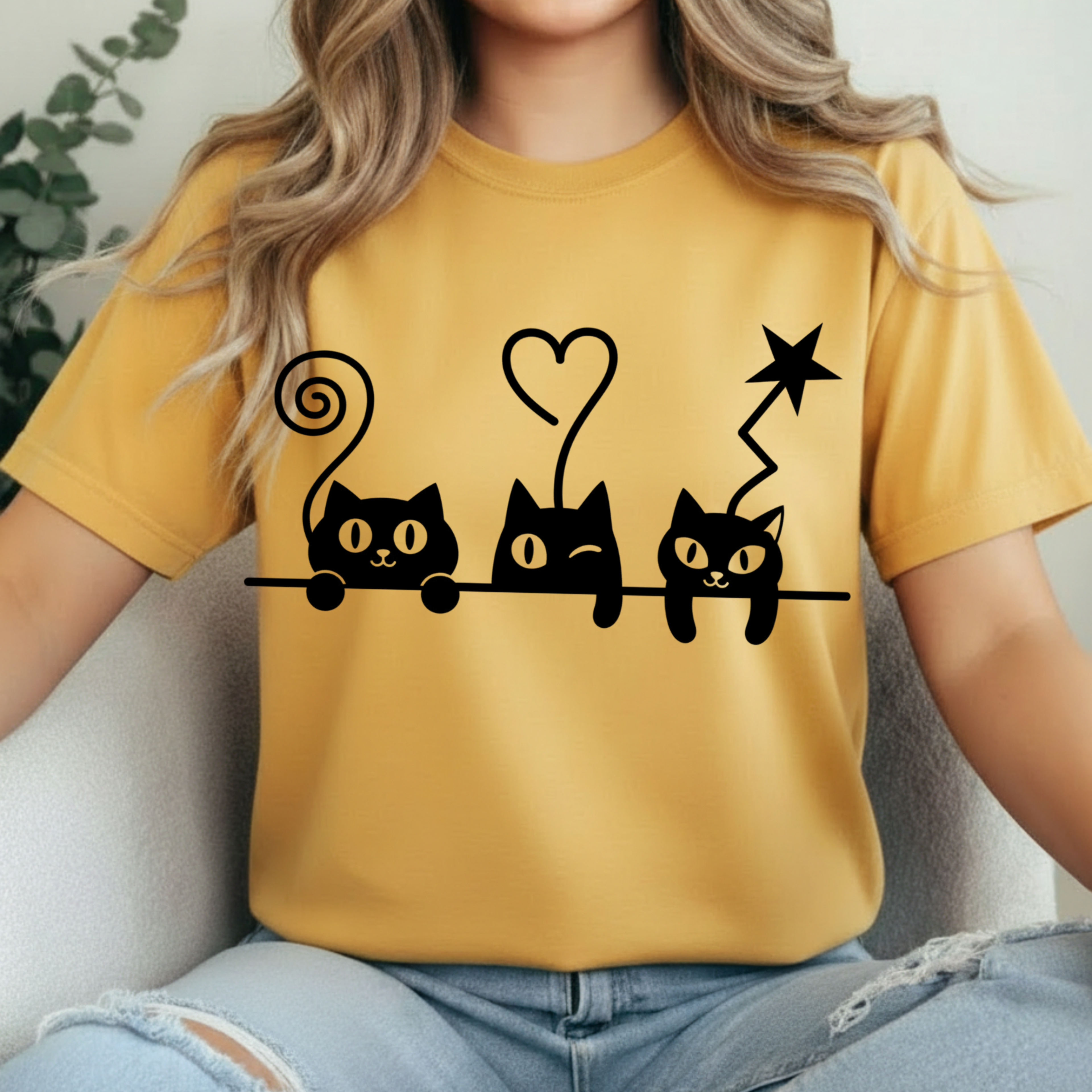Cat Trio Graphic T-Shirt — Cute Black Cats Heart Magic Tee