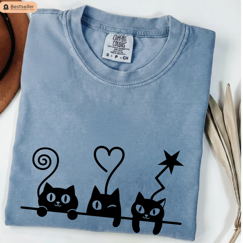 Cat Trio Graphic T-Shirt — Cute Black Cats Heart Magic Tee