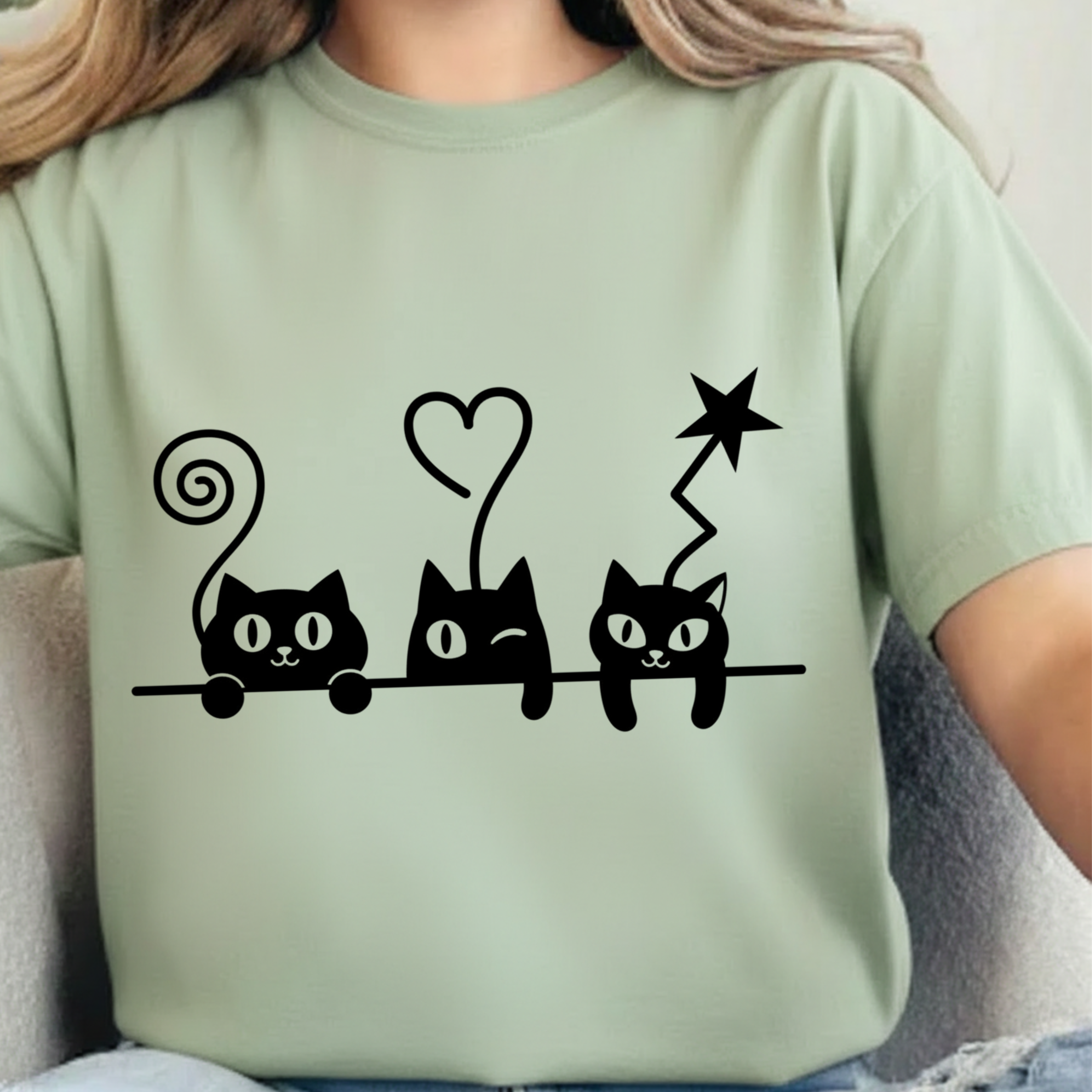 Cat Trio Graphic T-Shirt — Cute Black Cats Heart Magic Tee