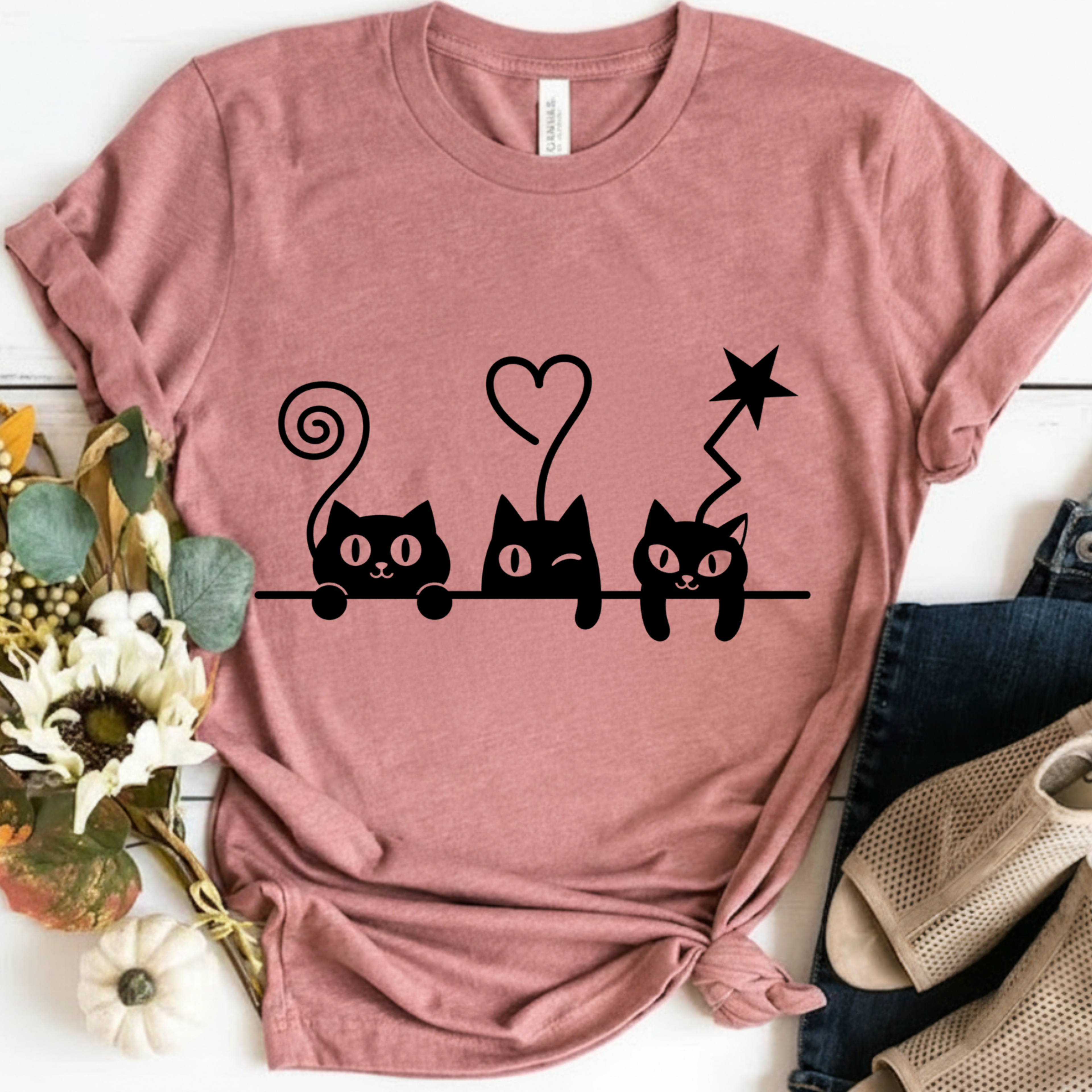 Cat Trio Graphic T-Shirt — Cute Black Cats Heart Magic Tee