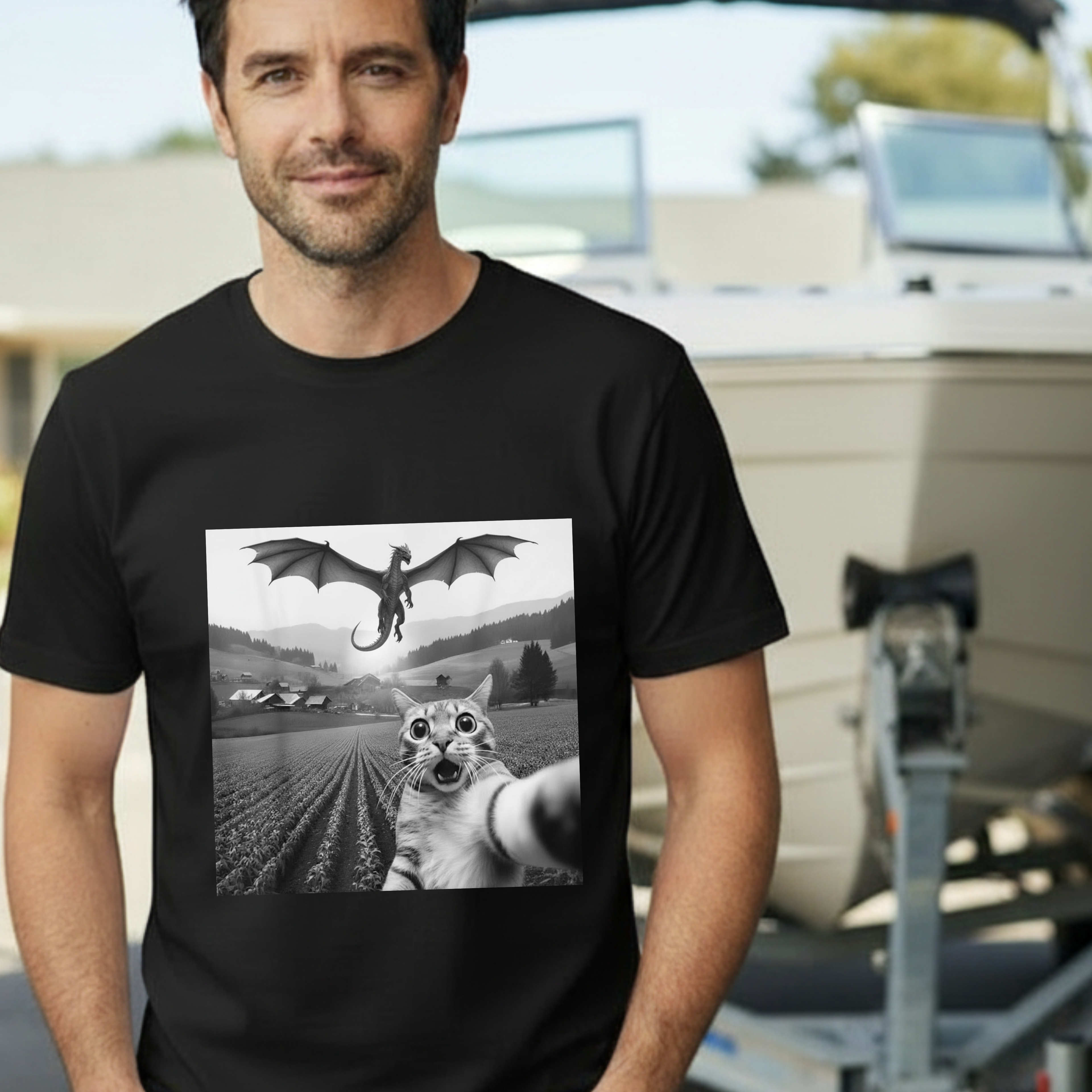 Dragon & Cat Selfie T-Shirt — Funny Cat Selfie Graphic Tee