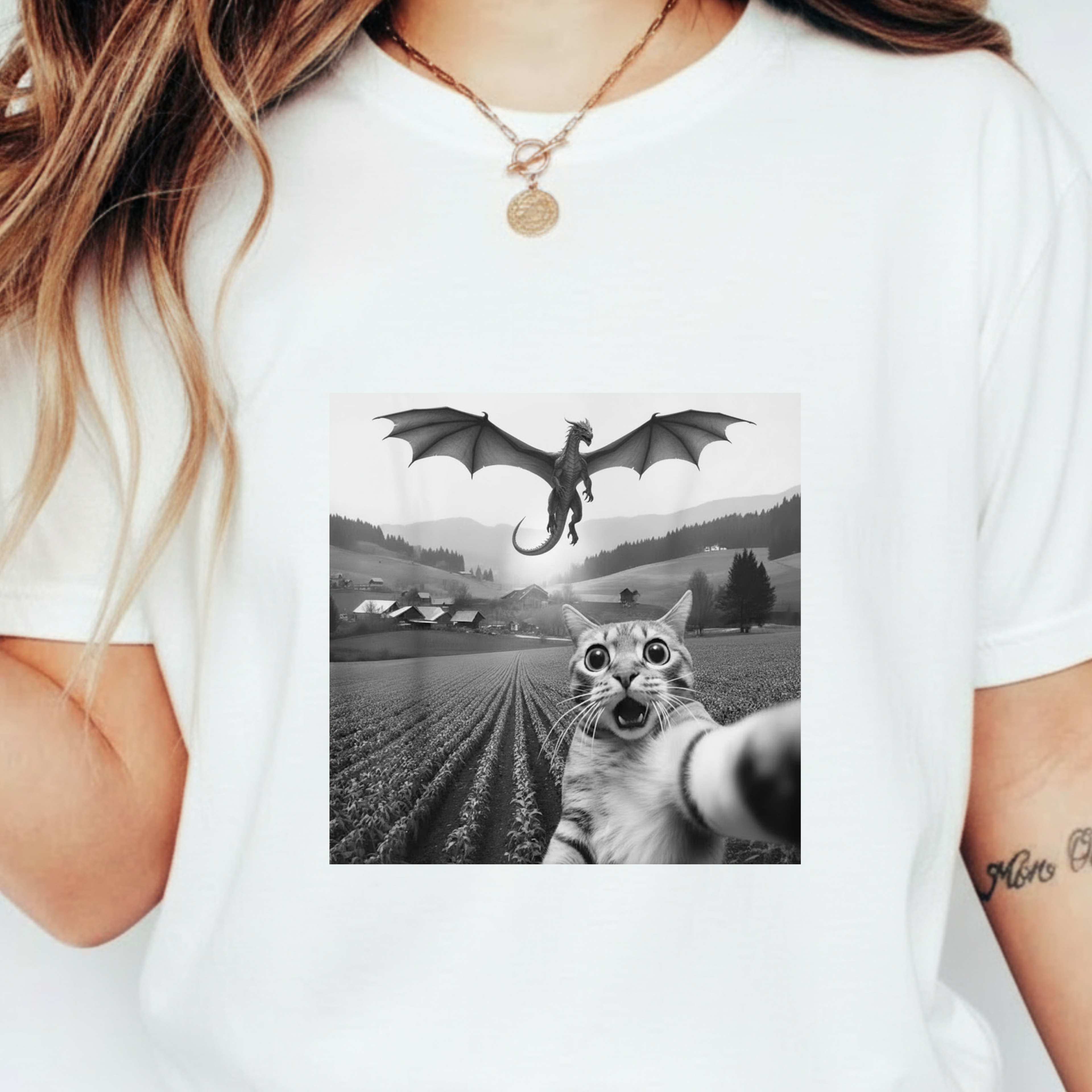 Dragon & Cat Selfie T-Shirt — Funny Cat Selfie Graphic Tee