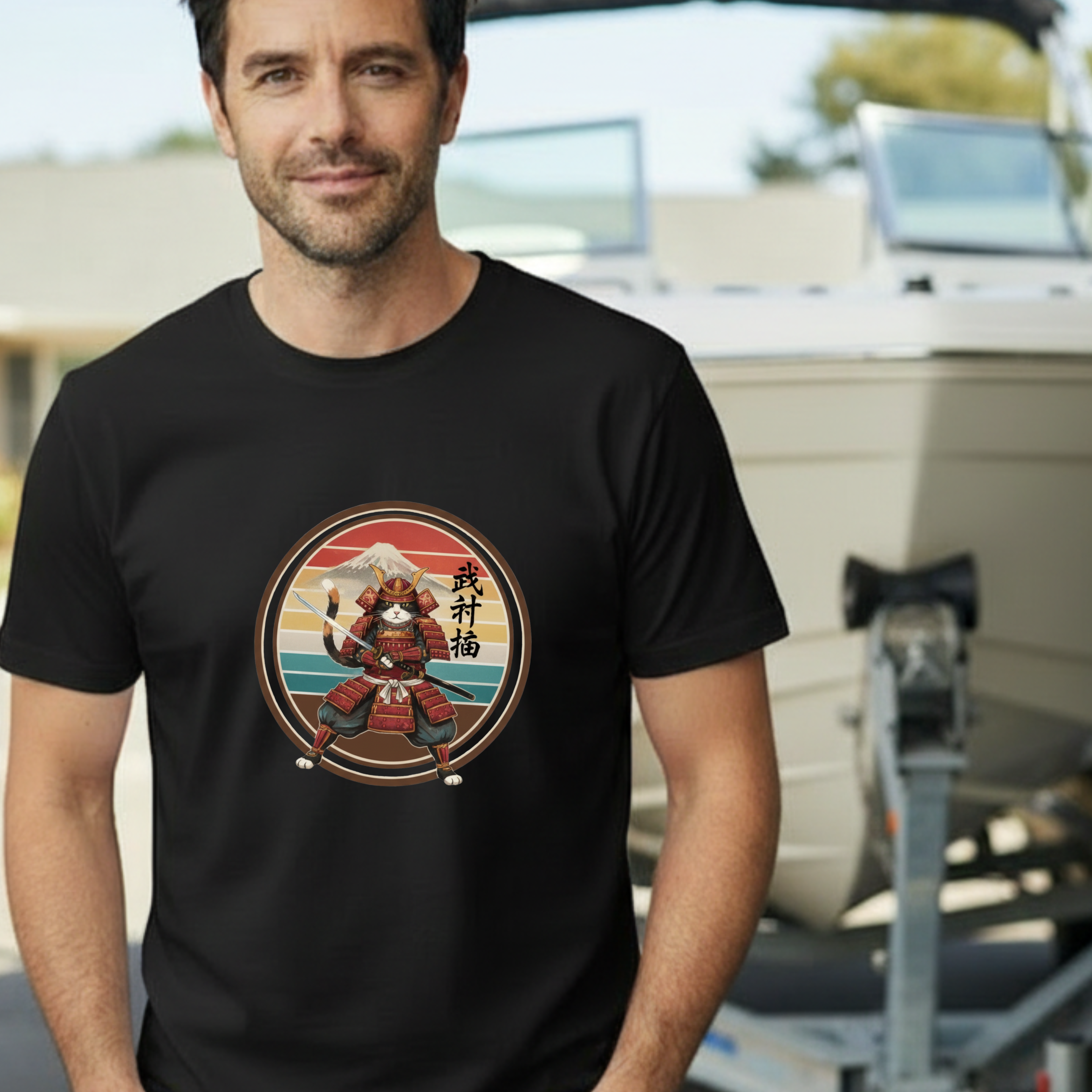 Samurai Cat at Sunset T-Shirt — Vintage Japanese Warrior Graphic Tee