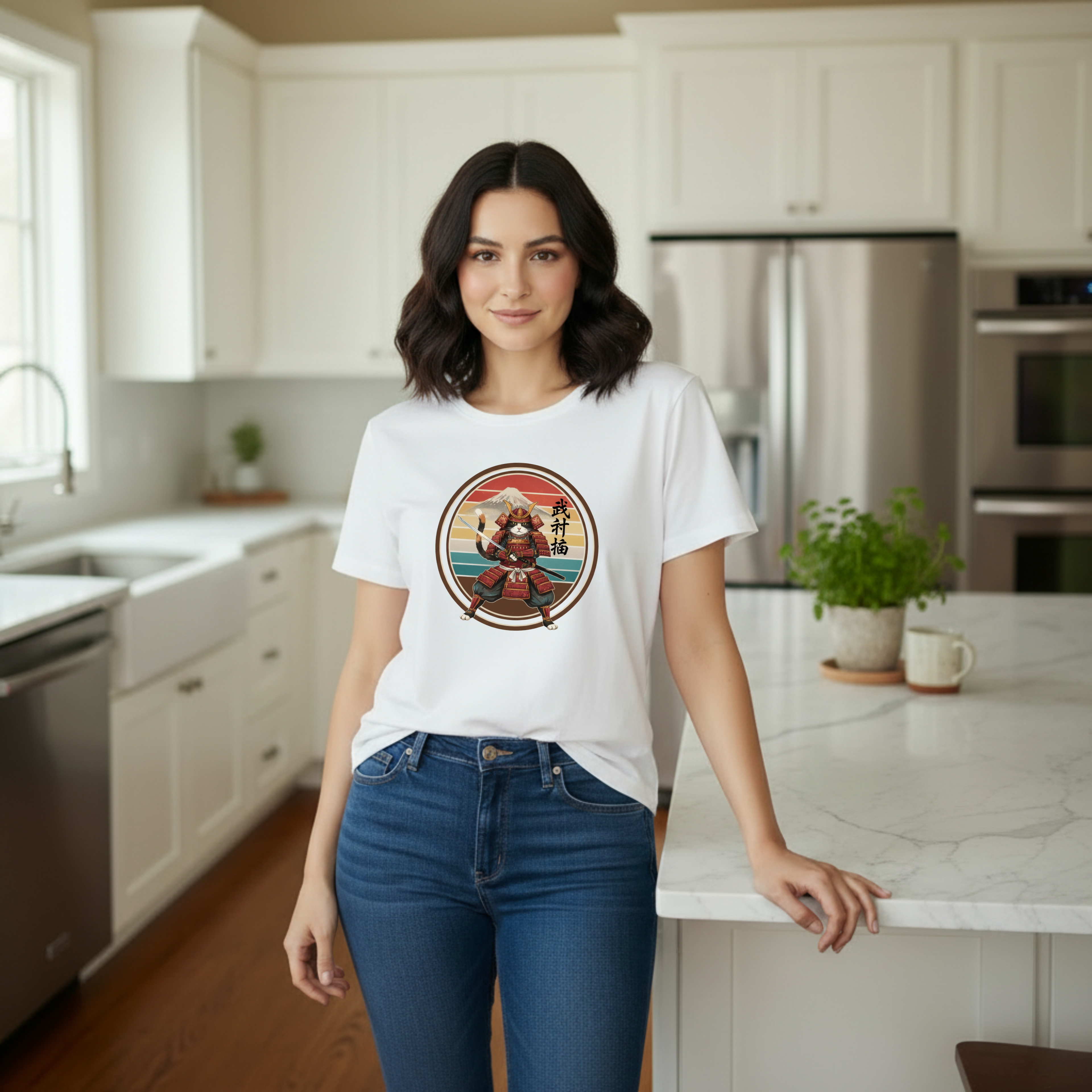 Samurai Cat at Sunset T-Shirt — Vintage Japanese Warrior Graphic Tee