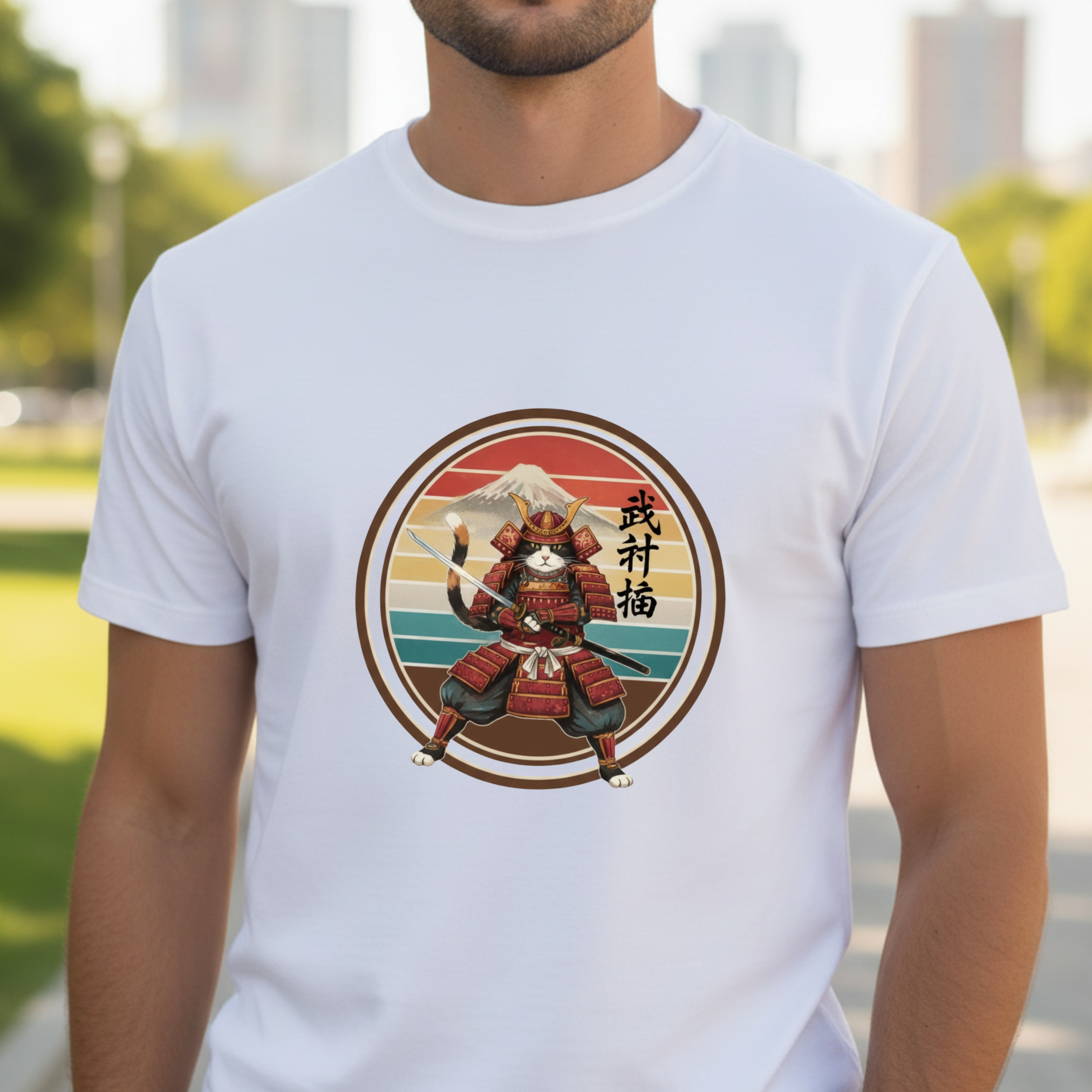 Samurai Cat at Sunset T-Shirt — Vintage Japanese Warrior Graphic Tee