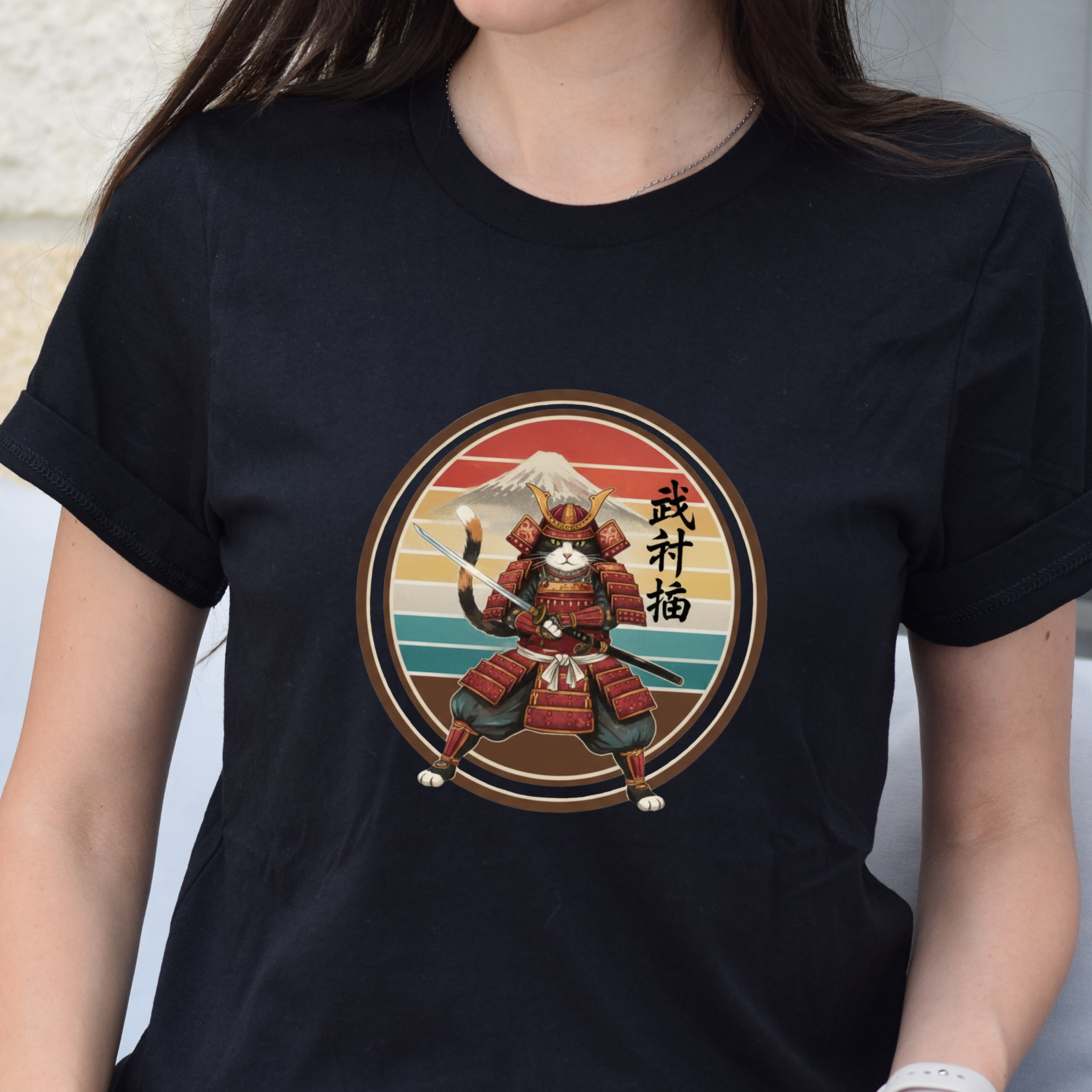 Samurai Cat at Sunset T-Shirt — Vintage Japanese Warrior Graphic Tee
