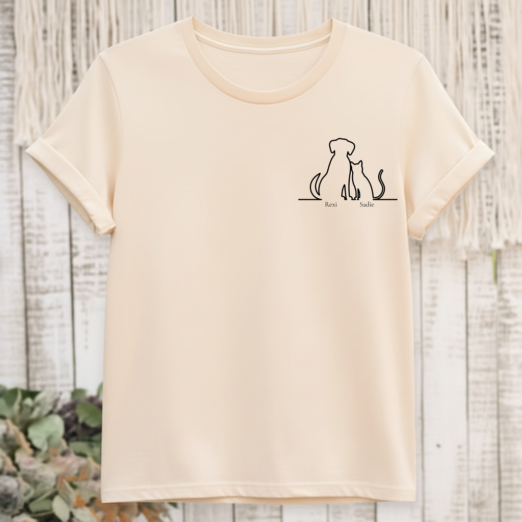 Dog & Cat Sunset**  Line Drawing T-Shirt — Minimalist Pet Lovers Tee
