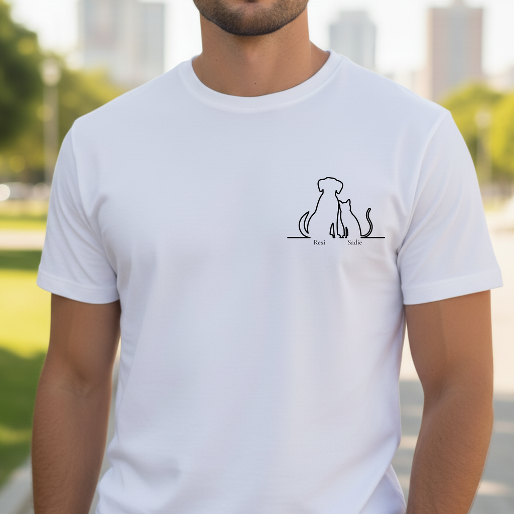 Dog & Cat Sunset**  Line Drawing T-Shirt — Minimalist Pet Lovers Tee