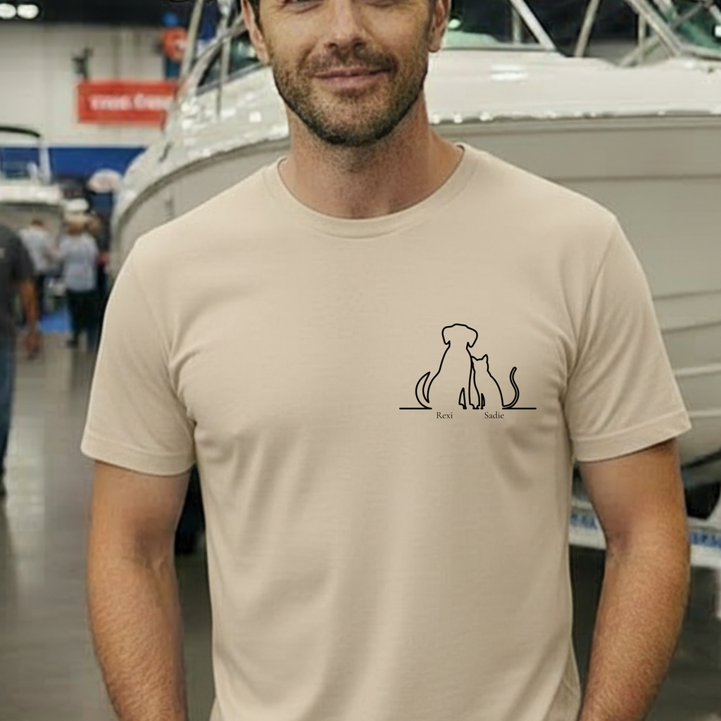 Dog & Cat Sunset**  Line Drawing T-Shirt — Minimalist Pet Lovers Tee