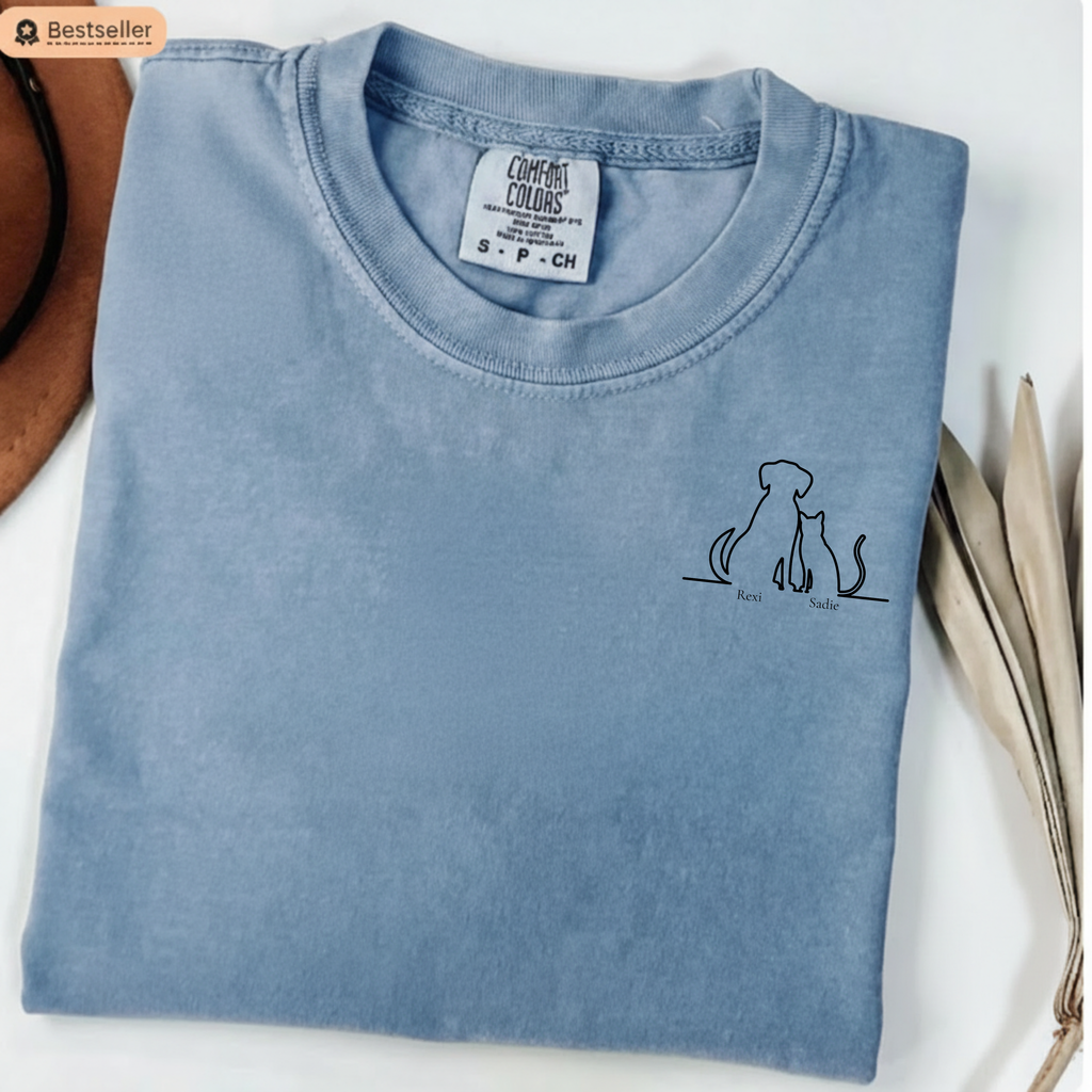 Dog & Cat Sunset**  Line Drawing T-Shirt — Minimalist Pet Lovers Tee