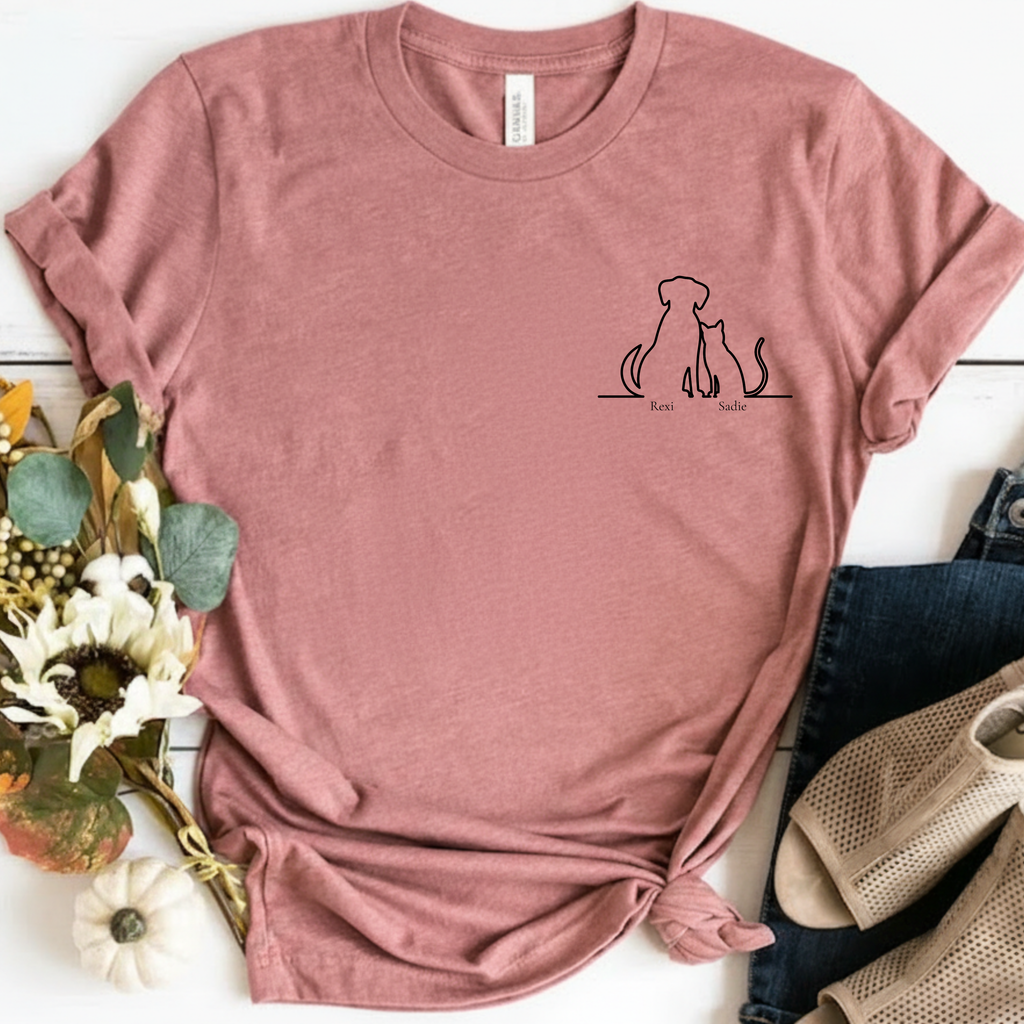 Dog & Cat Sunset**  Line Drawing T-Shirt — Minimalist Pet Lovers Tee