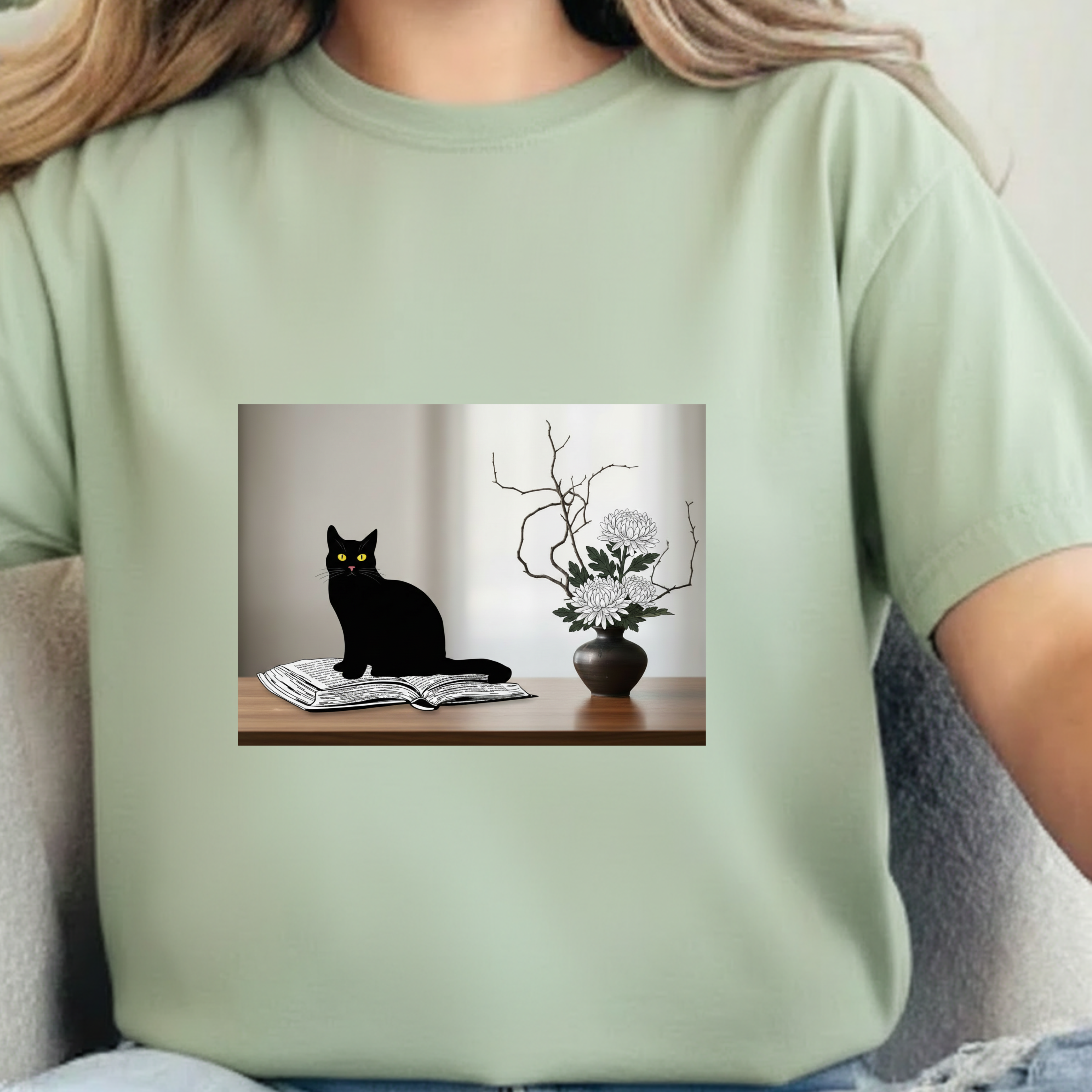 Black CatJapanese Still Life T‑Shirt — Minimalist Cat Art Tee
