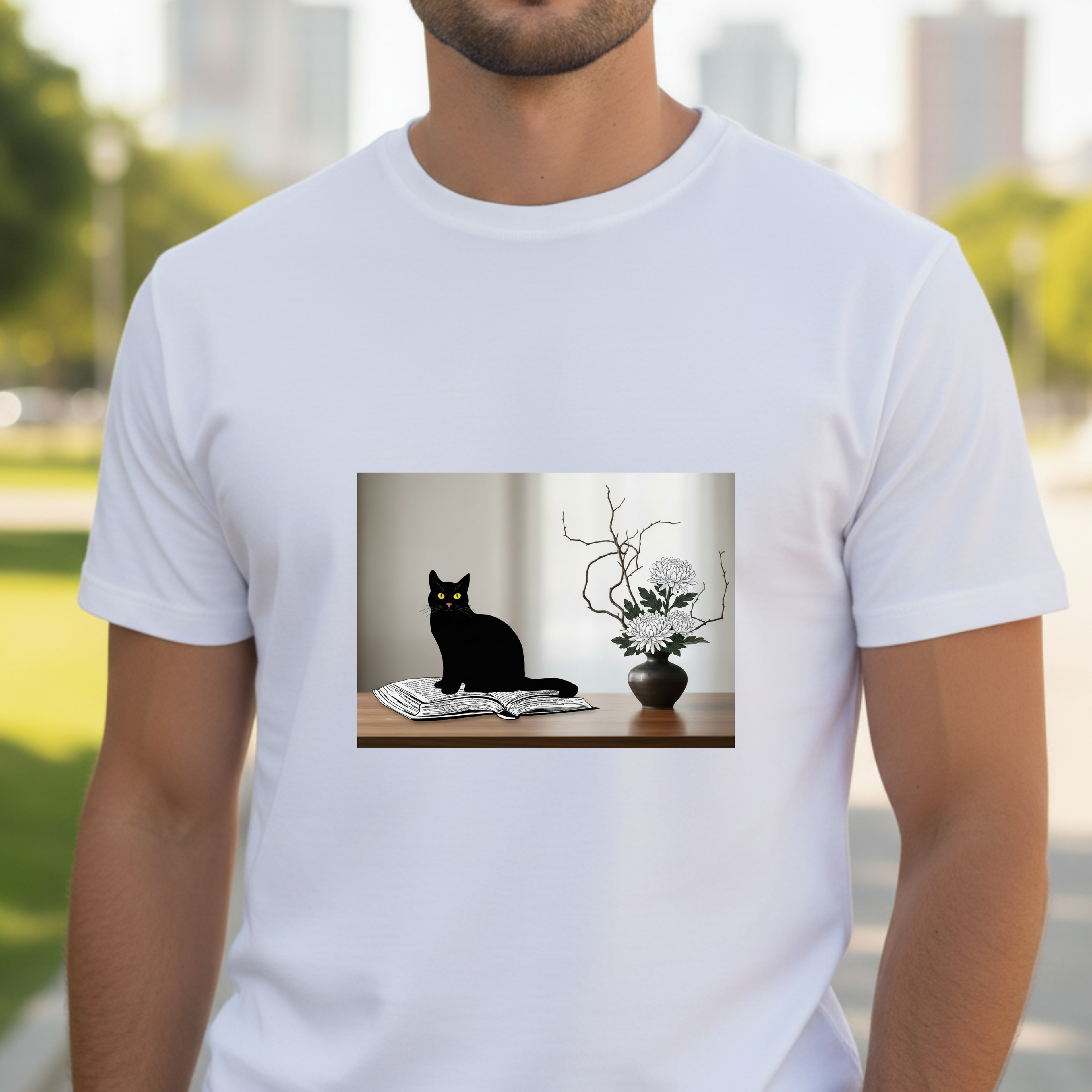 Black CatJapanese Still Life T‑Shirt — Minimalist Cat Art Tee