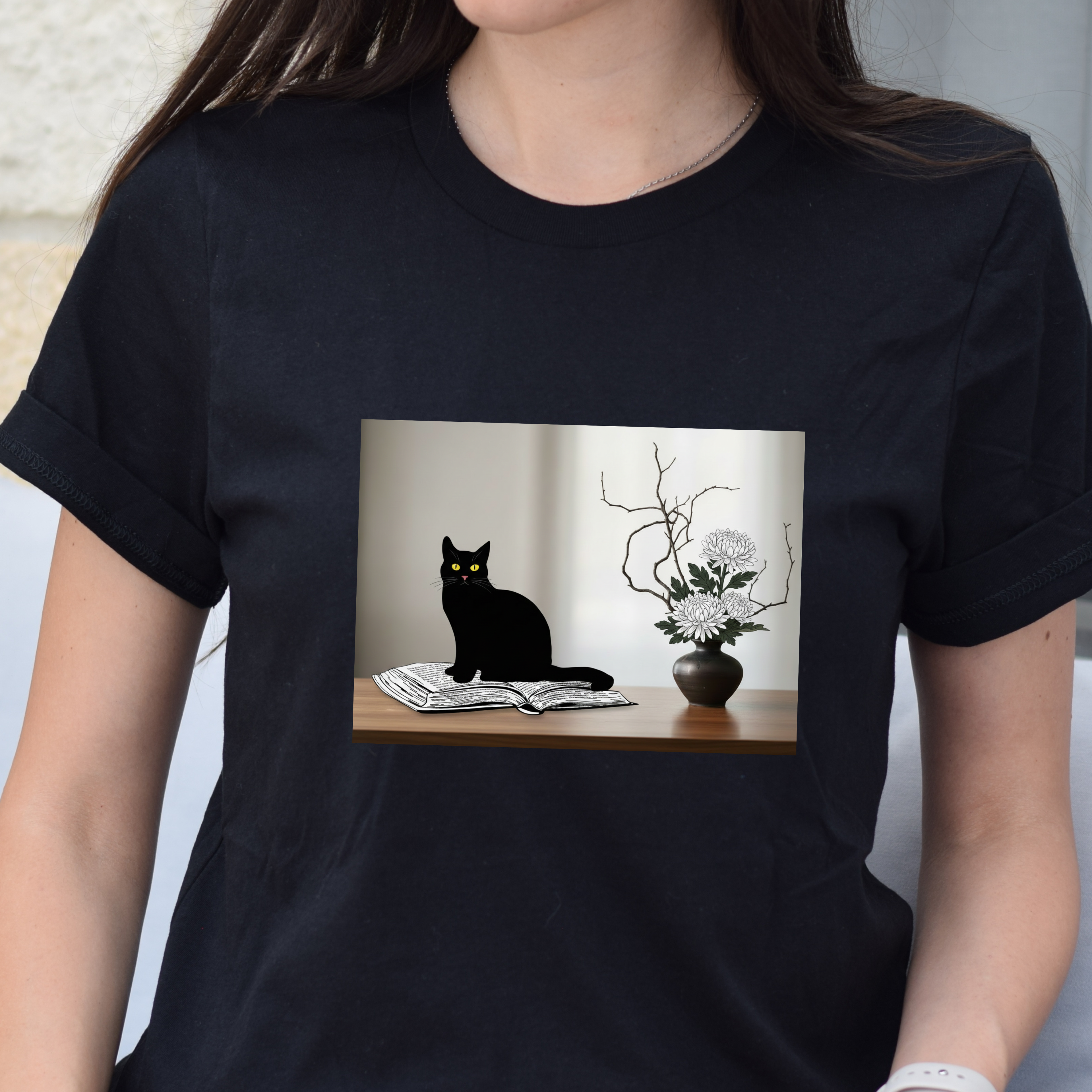 Black CatJapanese Still Life T‑Shirt — Minimalist Cat Art Tee