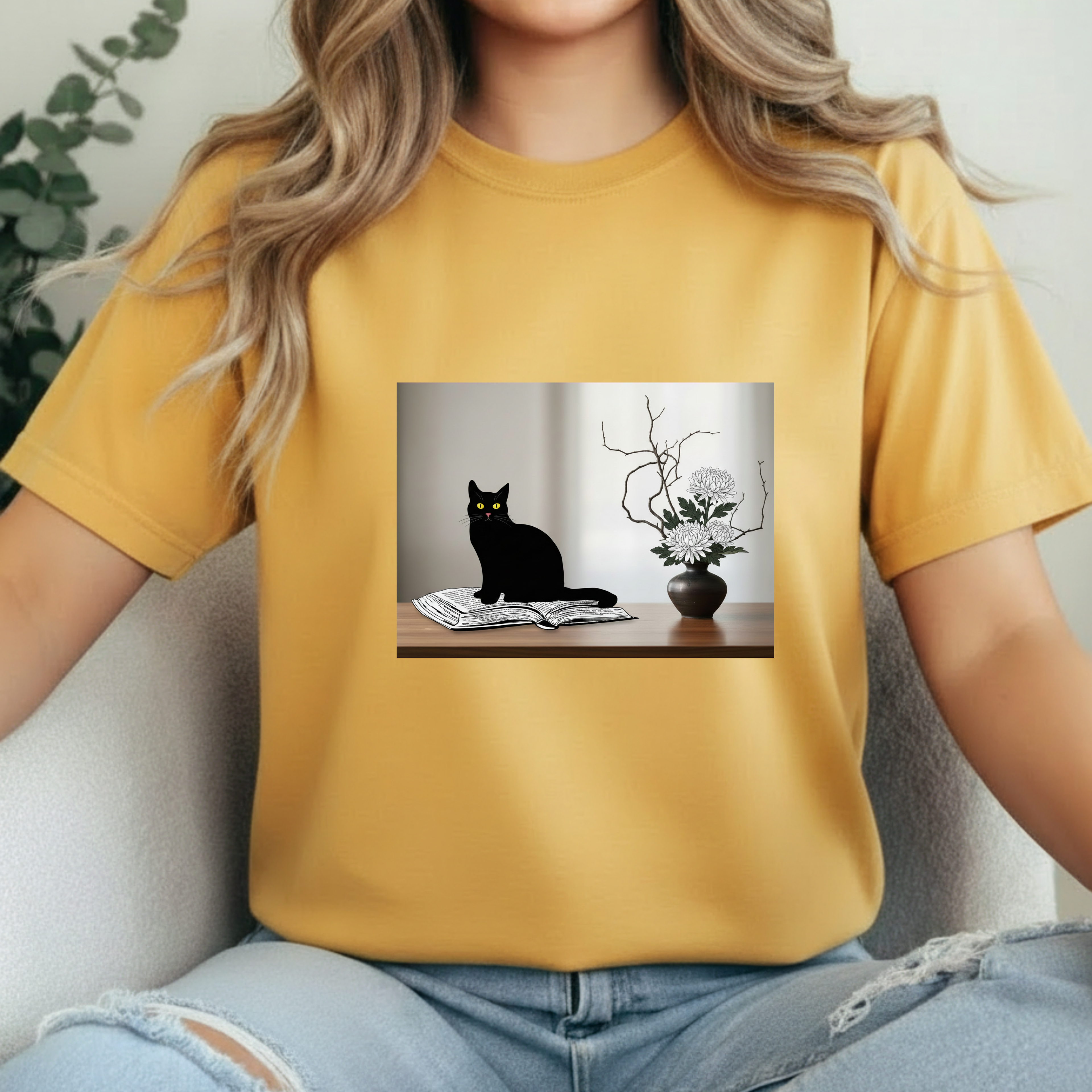 Black CatJapanese Still Life T‑Shirt — Minimalist Cat Art Tee
