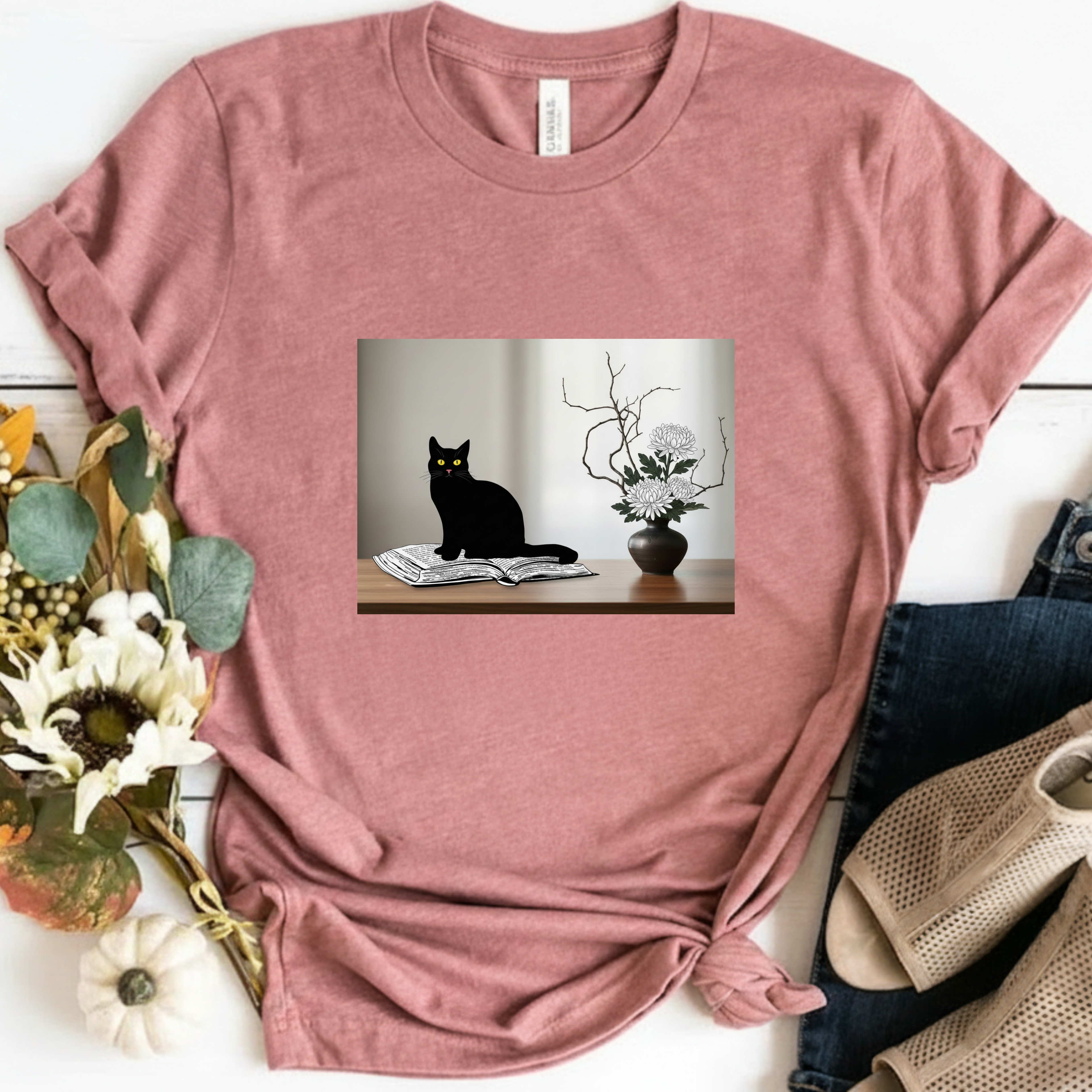 Black CatJapanese Still Life T‑Shirt — Minimalist Cat Art Tee