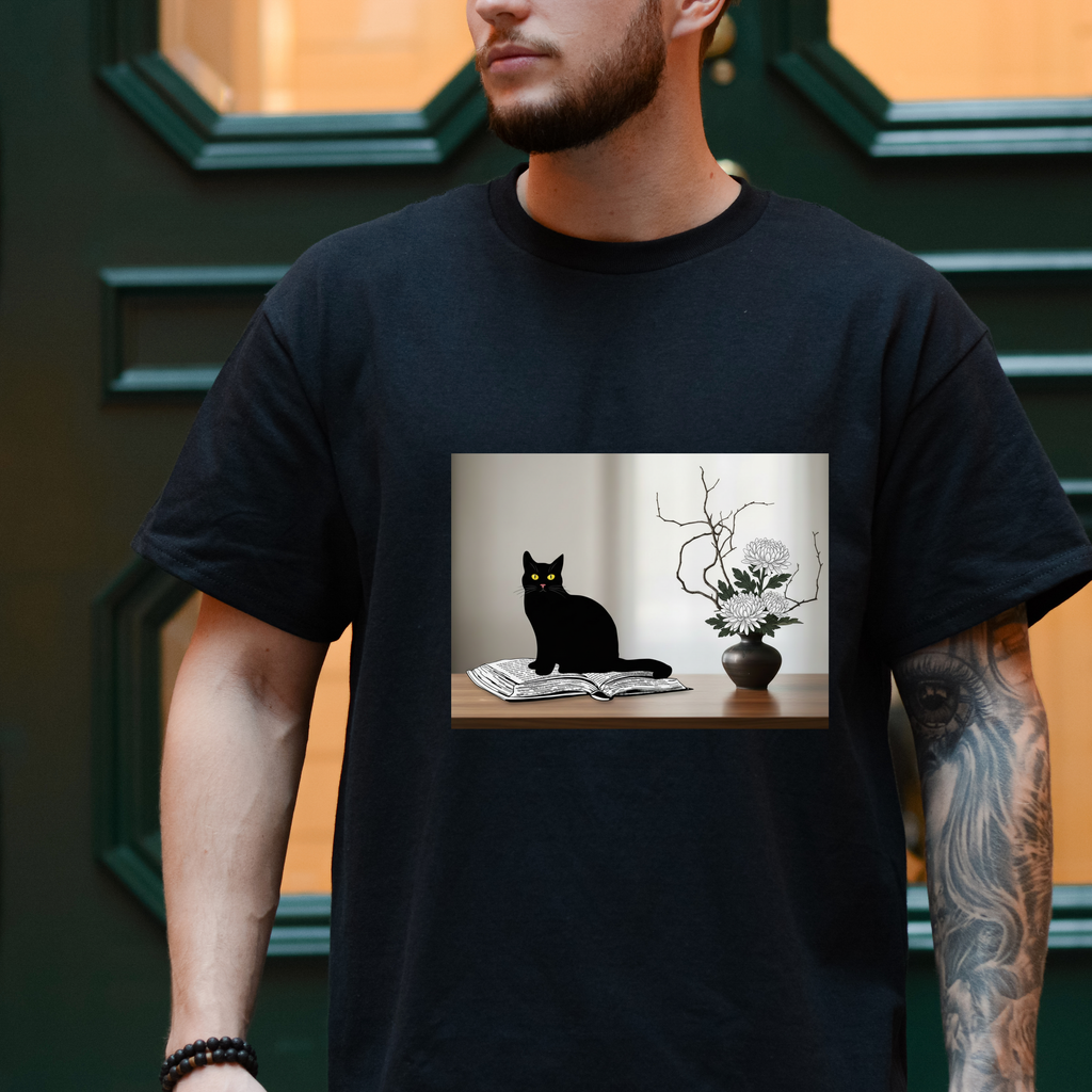 Black CatJapanese Still Life T‑Shirt — Minimalist Cat Art Tee