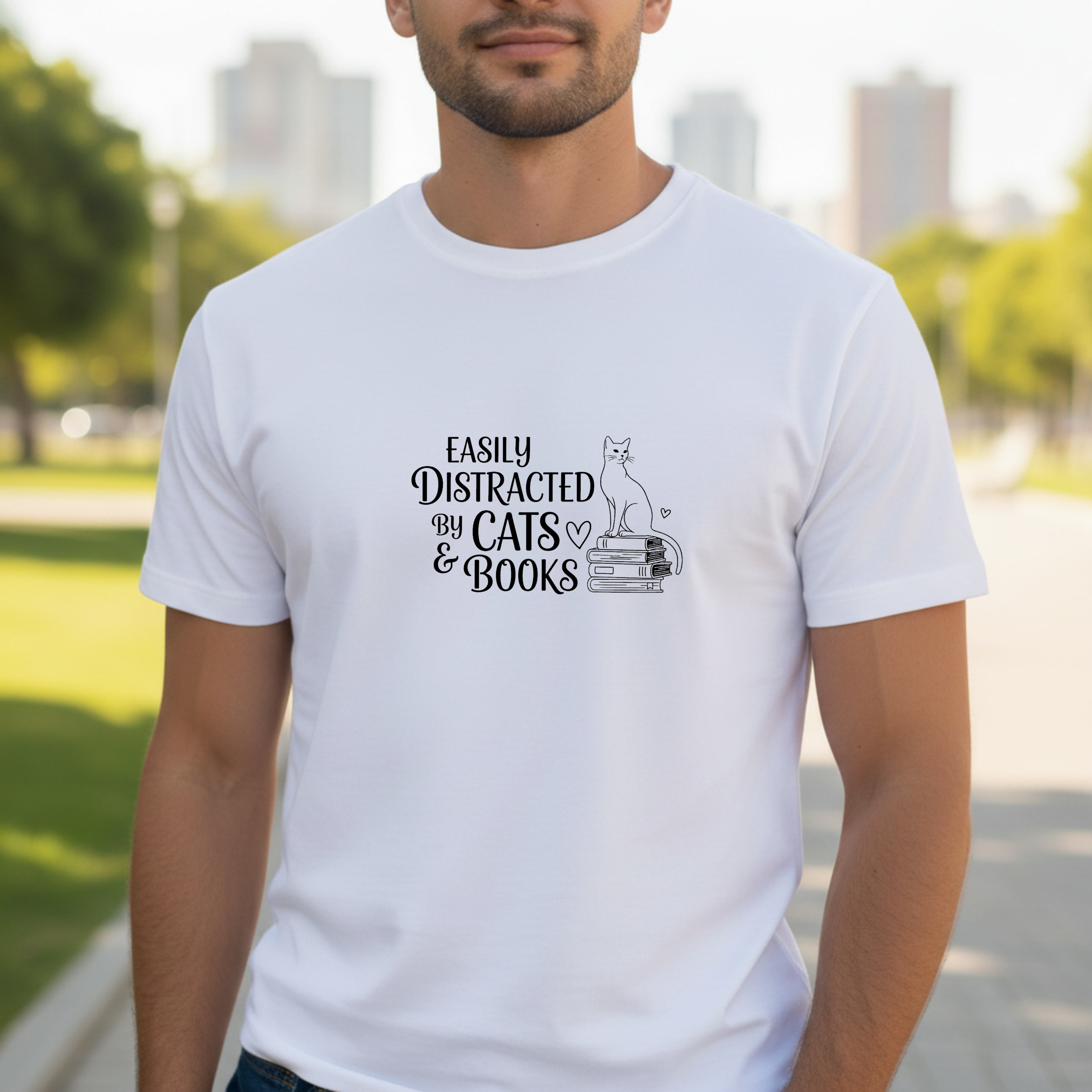 T-Shirt Easily distracted by Cats and Books  Garment Dyed Unisex Soft Cotton Tee – Minimal Casual Basic Shirt, Gender Neutral Everyday Summer Tee, Perfect Gift for Him or Her, Ideal for Cat Lovers Easily Distracted by Cats