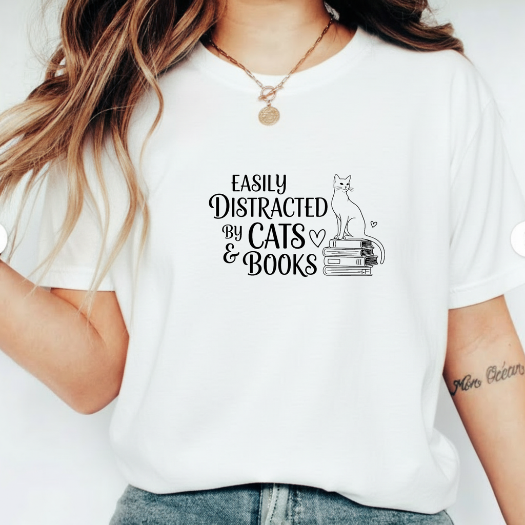 T-Shirt Easily distracted by Cats and Books  Garment Dyed Unisex Soft Cotton Tee – Minimal Casual Basic Shirt, Gender Neutral Everyday Summer Tee, Perfect Gift for Him or Her, Ideal for Cat Lovers Easily Distracted by Cats