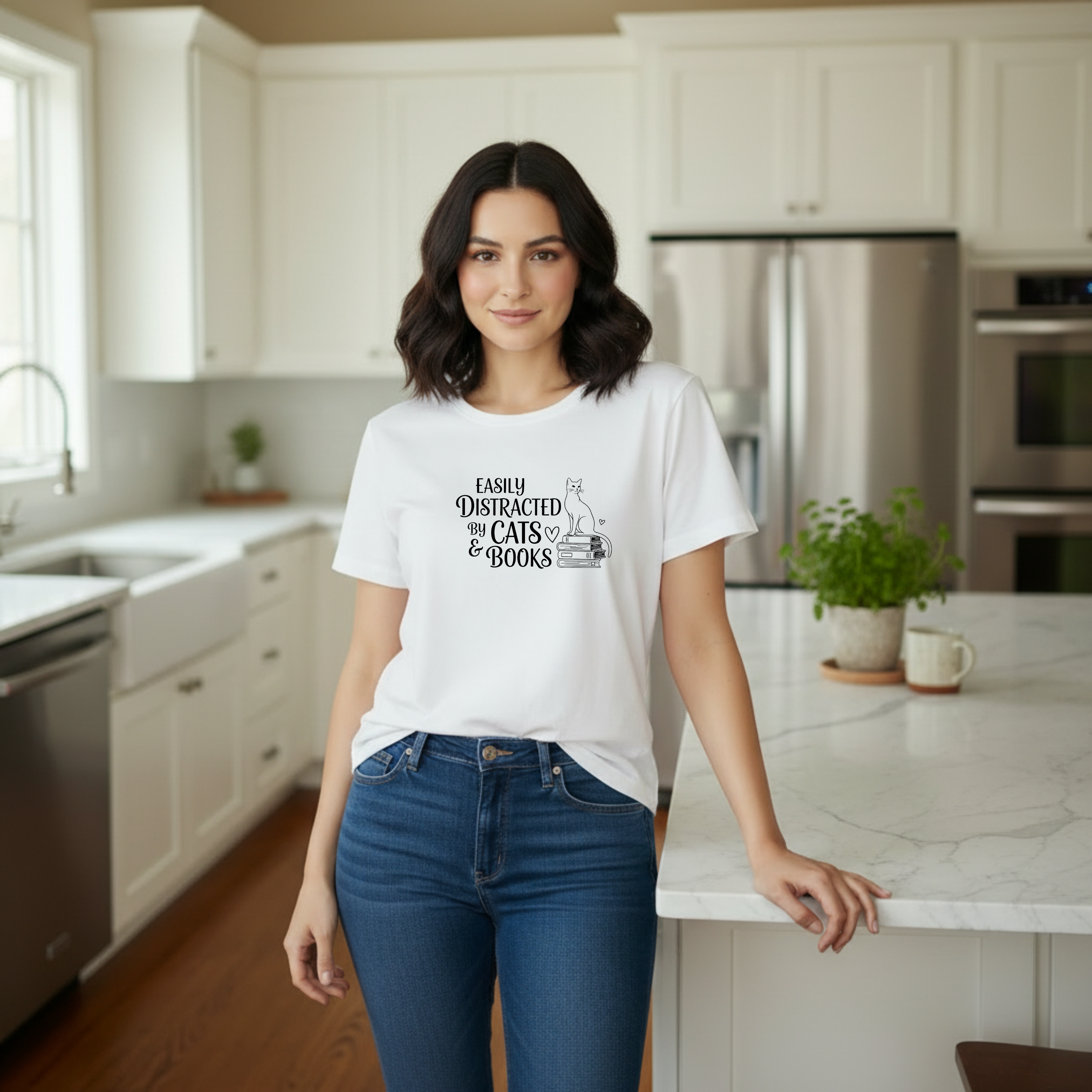 T-Shirt Easily distracted by Cats and Books  Garment Dyed Unisex Soft Cotton Tee – Minimal Casual Basic Shirt, Gender Neutral Everyday Summer Tee, Perfect Gift for Him or Her, Ideal for Cat Lovers Easily Distracted by Cats