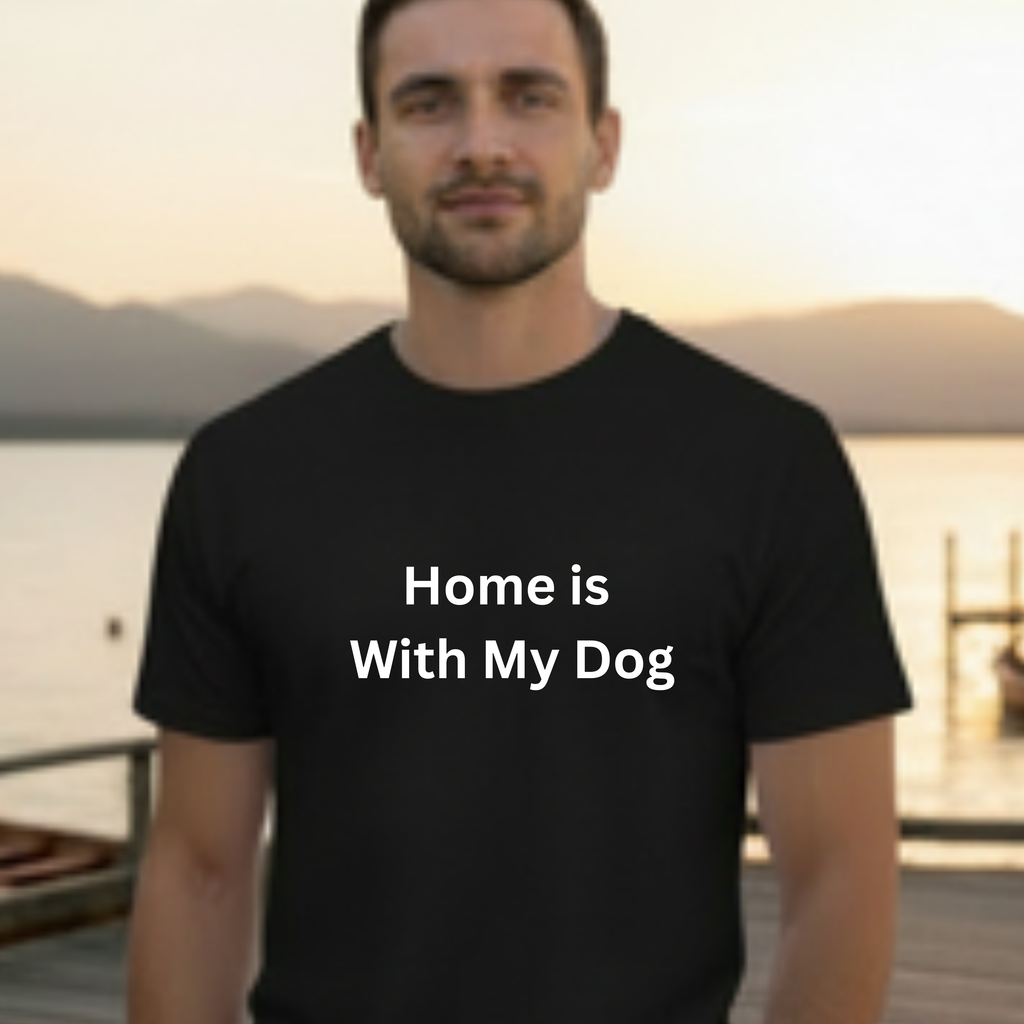 Home is With My Dog Is Home is Where My Dog Is: Unisex White Basic Crew Neck Tee – A Soft Jersey Minimalist Everyday Casual Shirt, Perfect Gender-Neutral Summer Tee and Gift for Him.