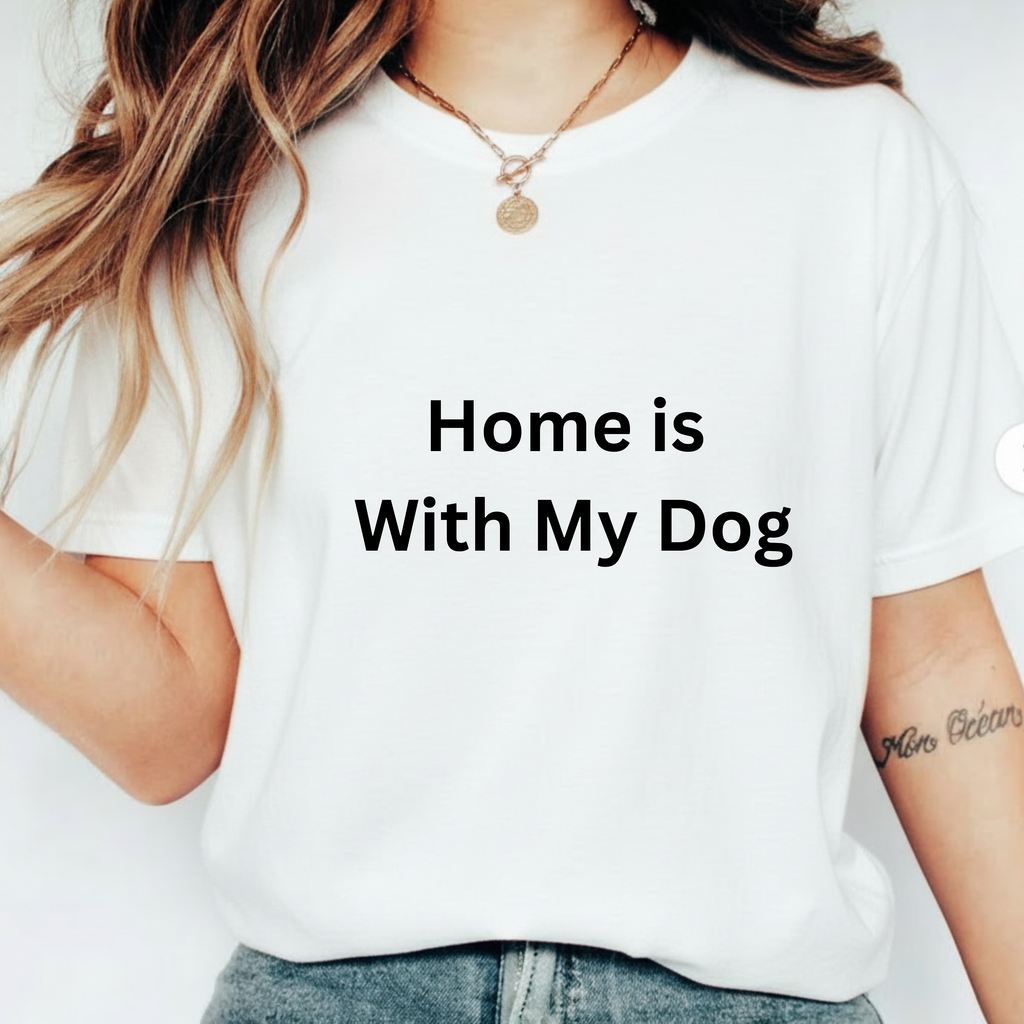 Home is With My Dog Is Home is Where My Dog Is: Unisex White Basic Crew Neck Tee – A Soft Jersey Minimalist Everyday Casual Shirt, Perfect Gender-Neutral Summer Tee and Gift for Him.