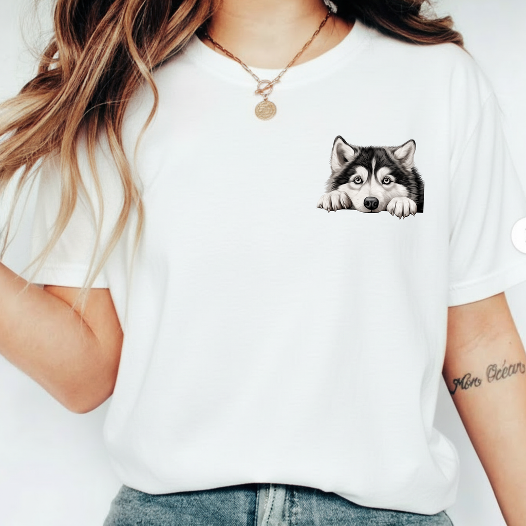 Husky Peekaboo Pocket Tee — Cute Siberian Husky Dog T-Shirt