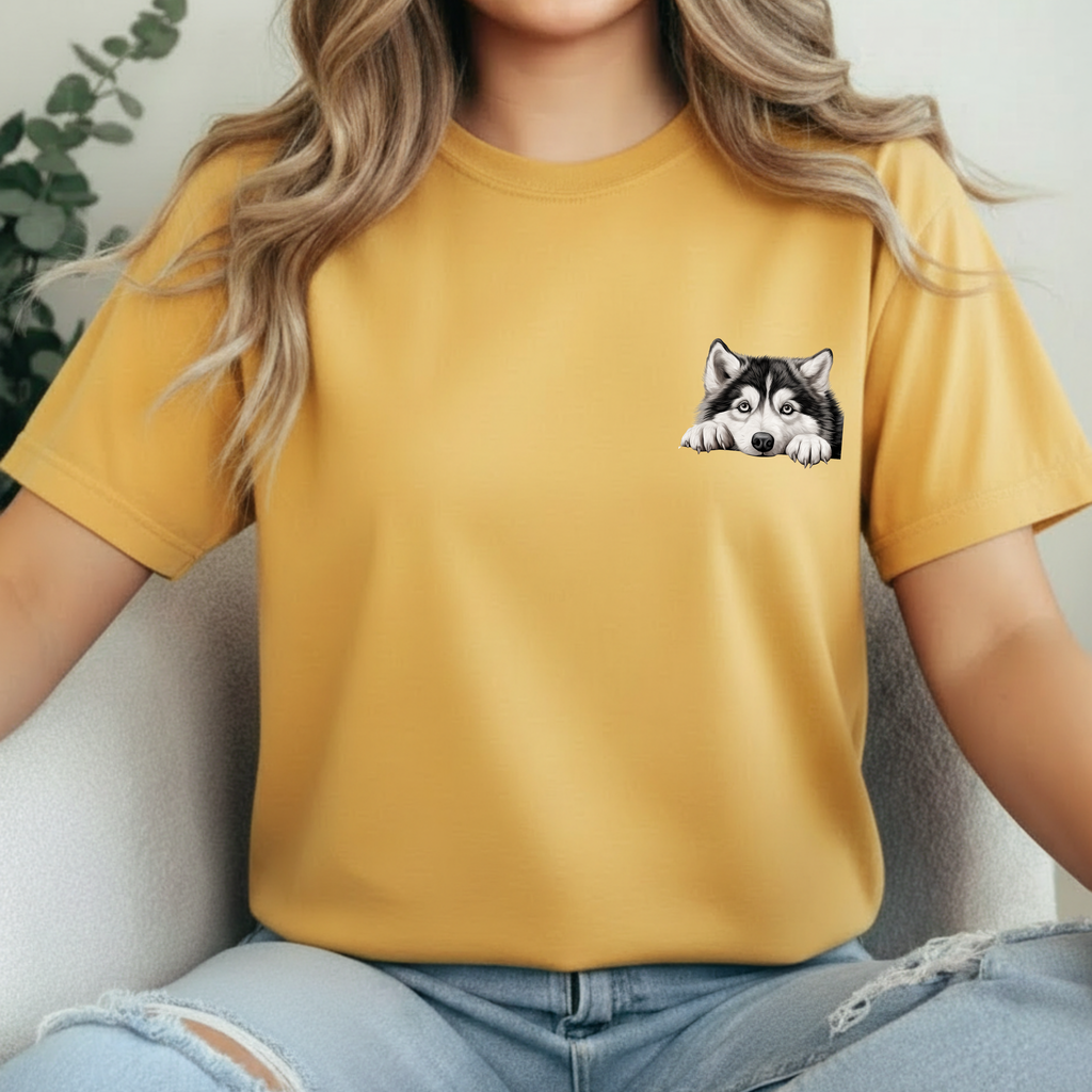 Husky Peekaboo Pocket Tee — Cute Siberian Husky Dog T-Shirt