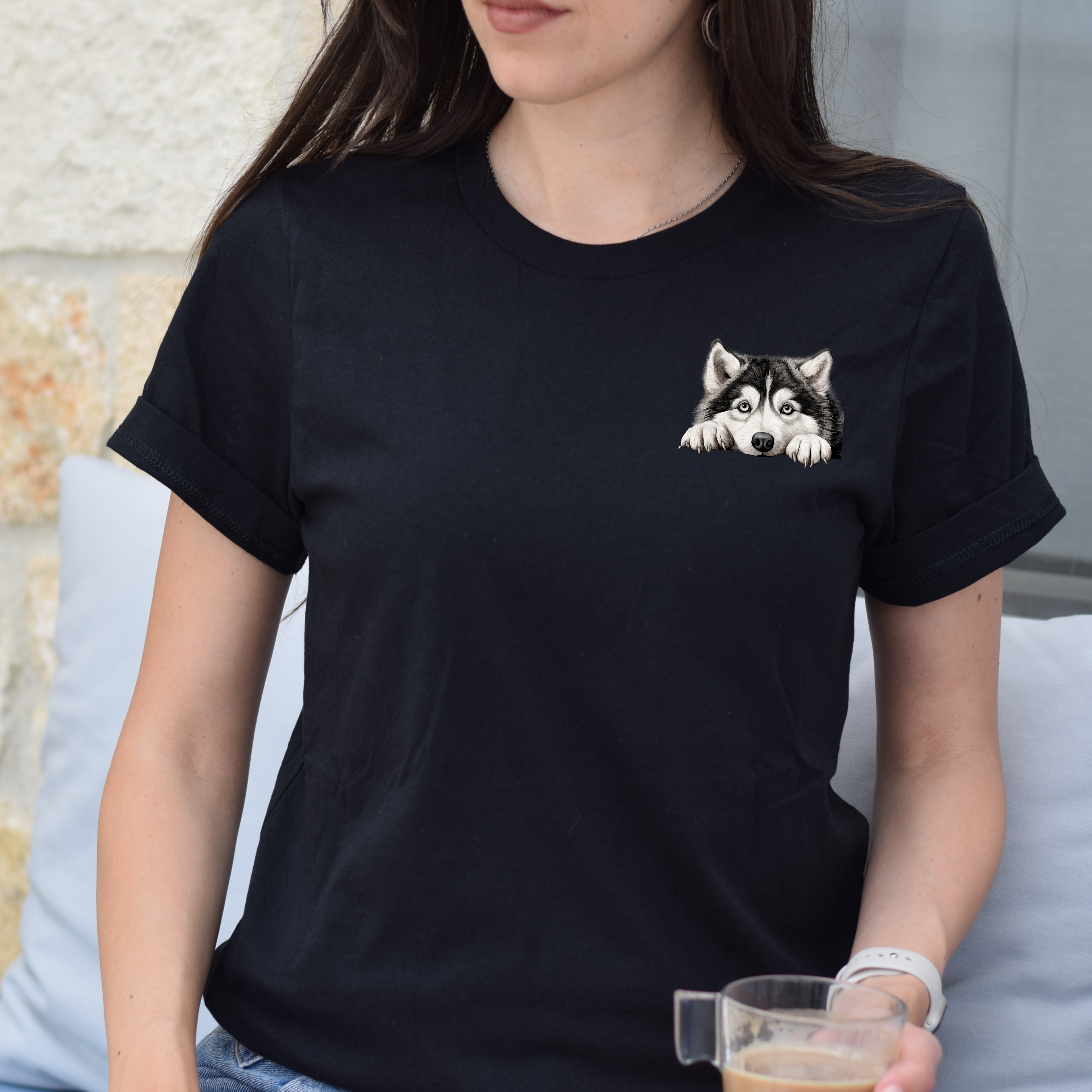 Husky Peekaboo Pocket Tee — Cute Siberian Husky Dog T-Shirt