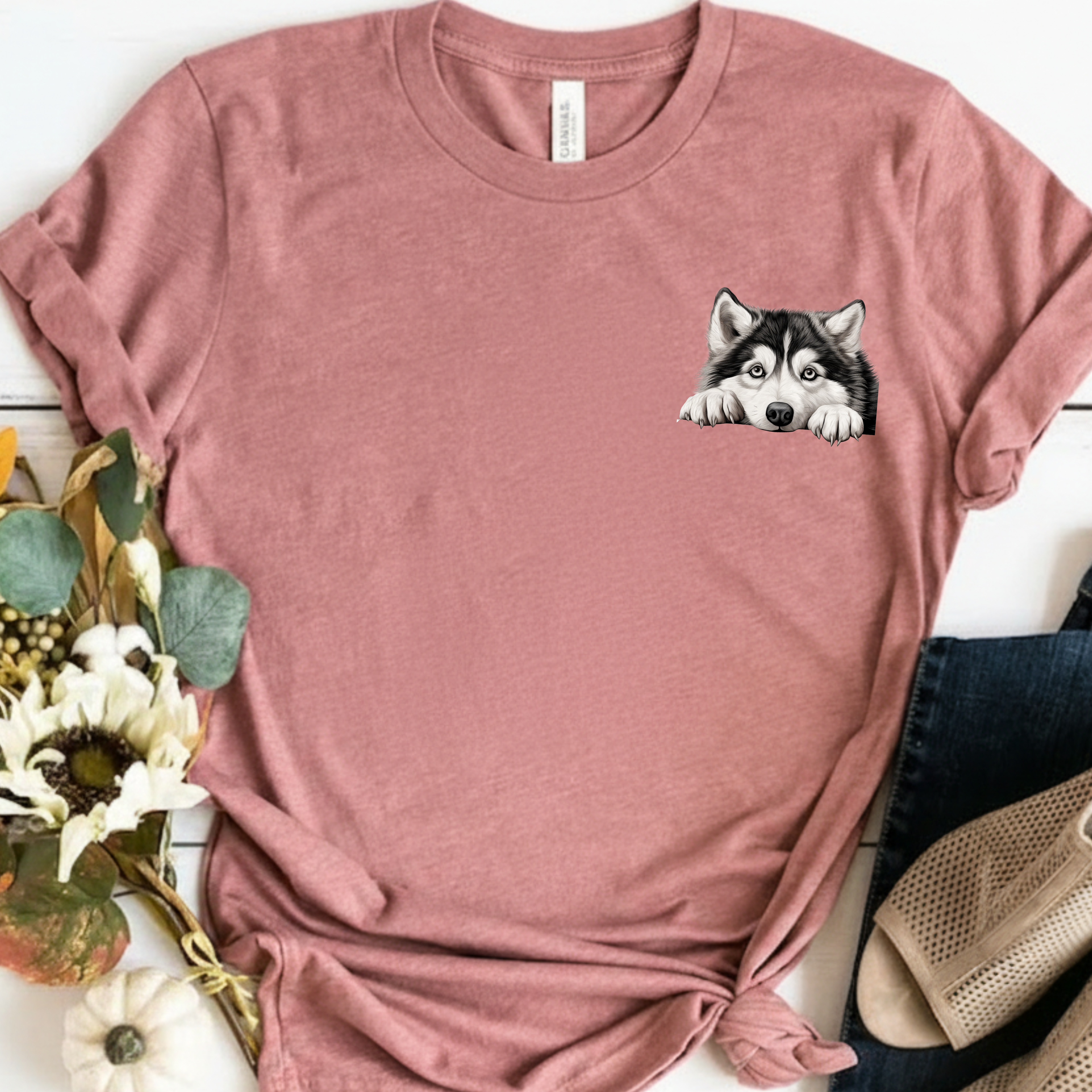Husky Peekaboo Pocket Tee — Cute Siberian Husky Dog T-Shirt
