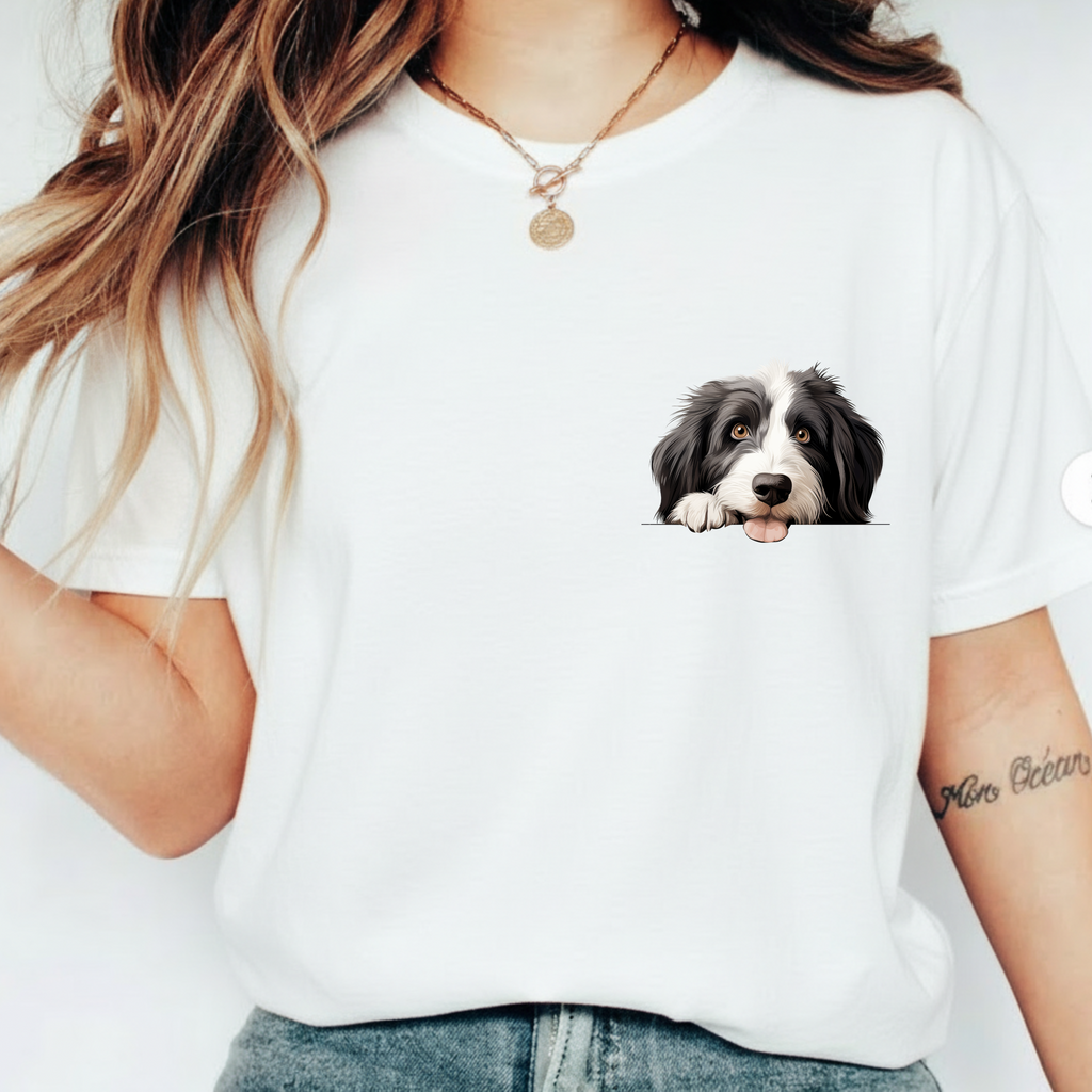 Border Collie Peeking Face T-Shirt —  Adorable Cute Dog Eee is the Perfect Everyday Tee for Dog Moms, Pet Lovers, and Breed Enthusiasts
