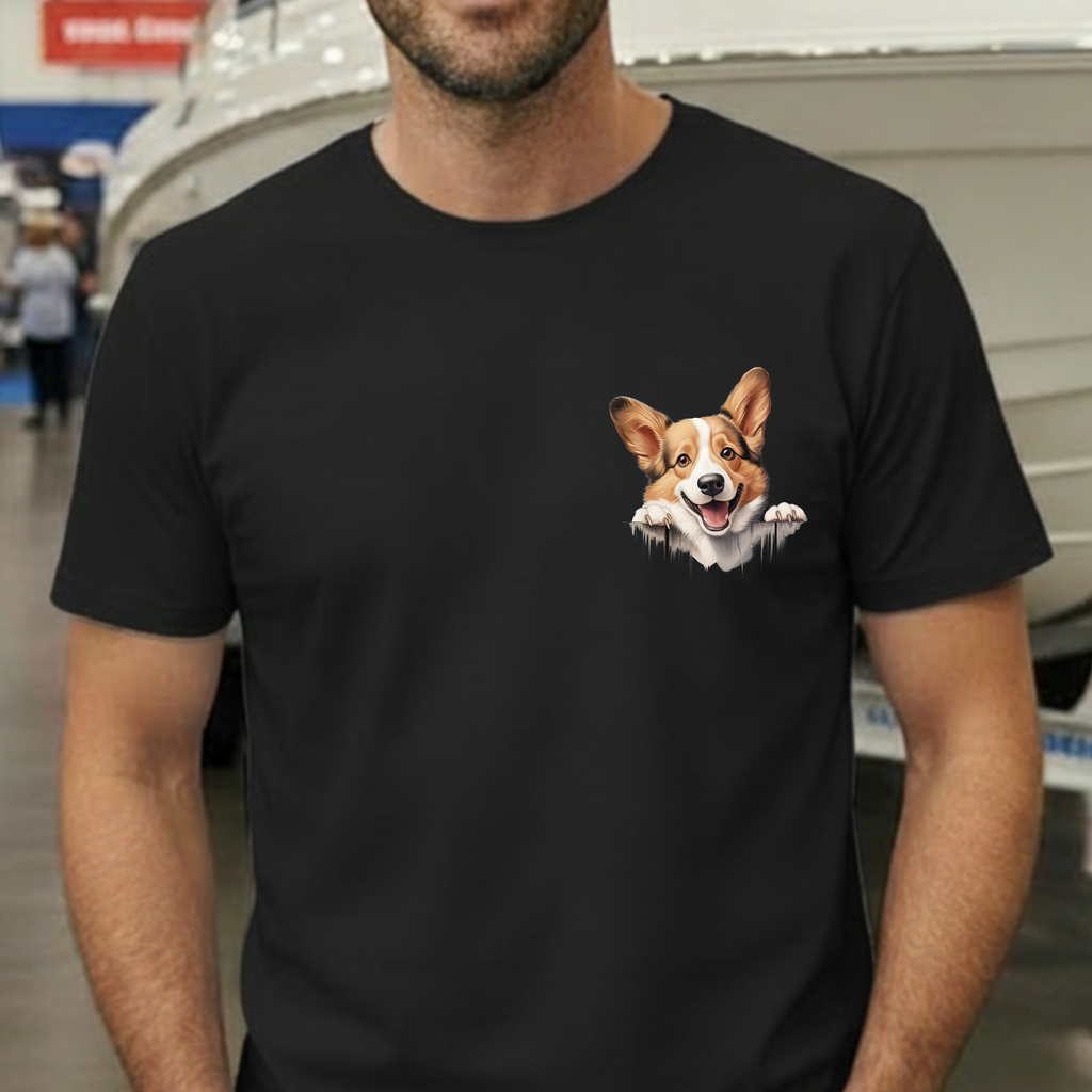 Corgi Peek Pocket T‑Shirt — Cute Dog Face Tee for Pet Lovers