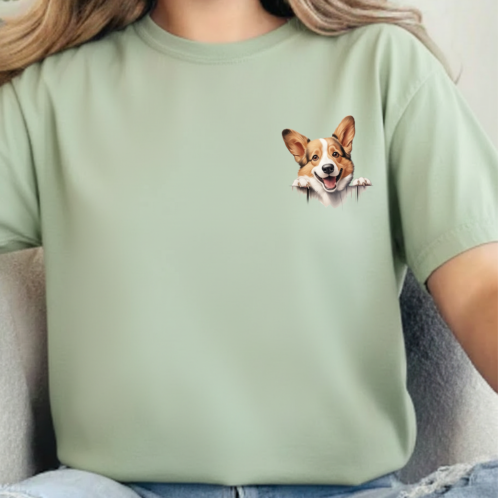Corgi Peek Pocket T‑Shirt — Cute Dog Face Tee for Pet Lovers