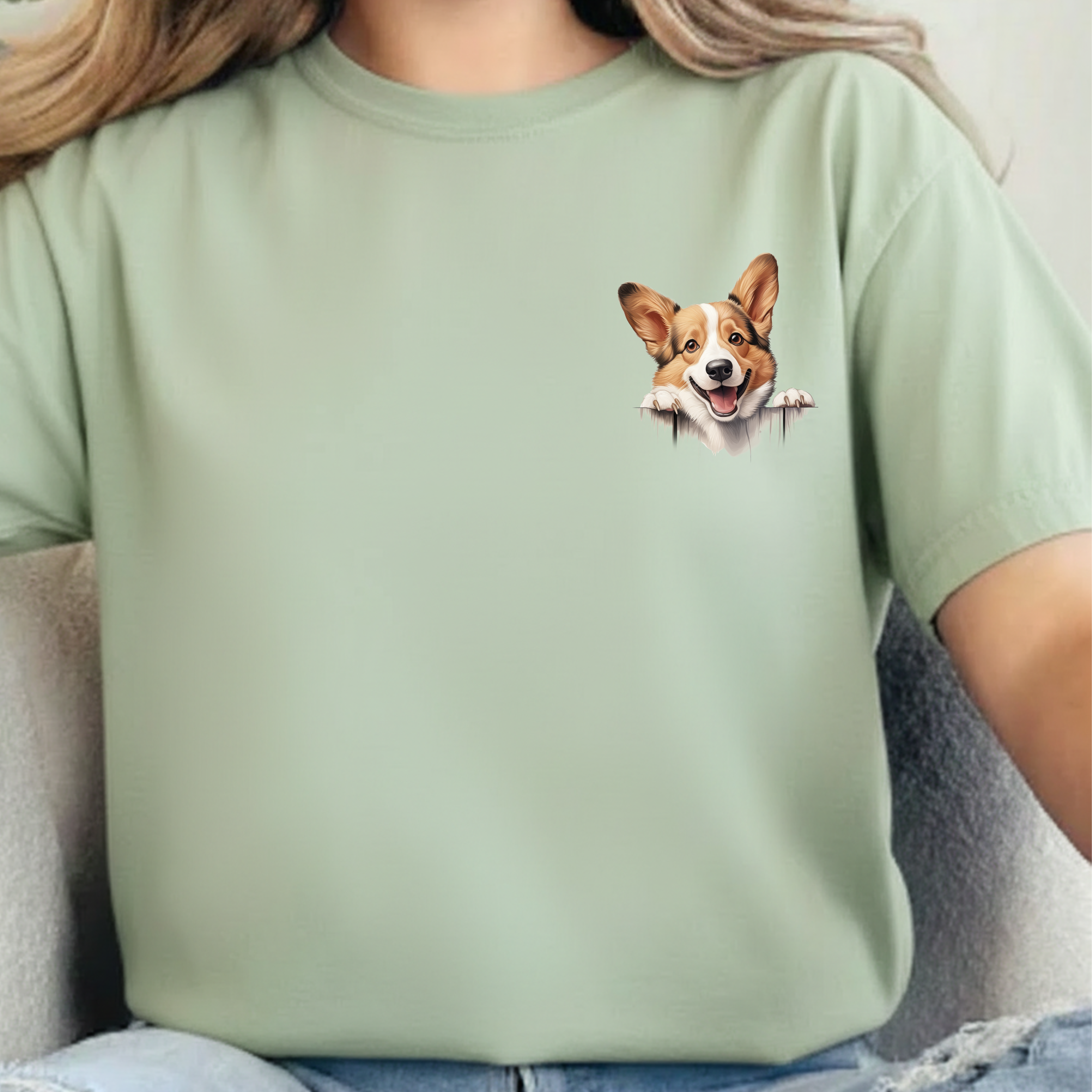 Corgi Peek Pocket T‑Shirt — Cute Dog Face Tee for Pet Lovers