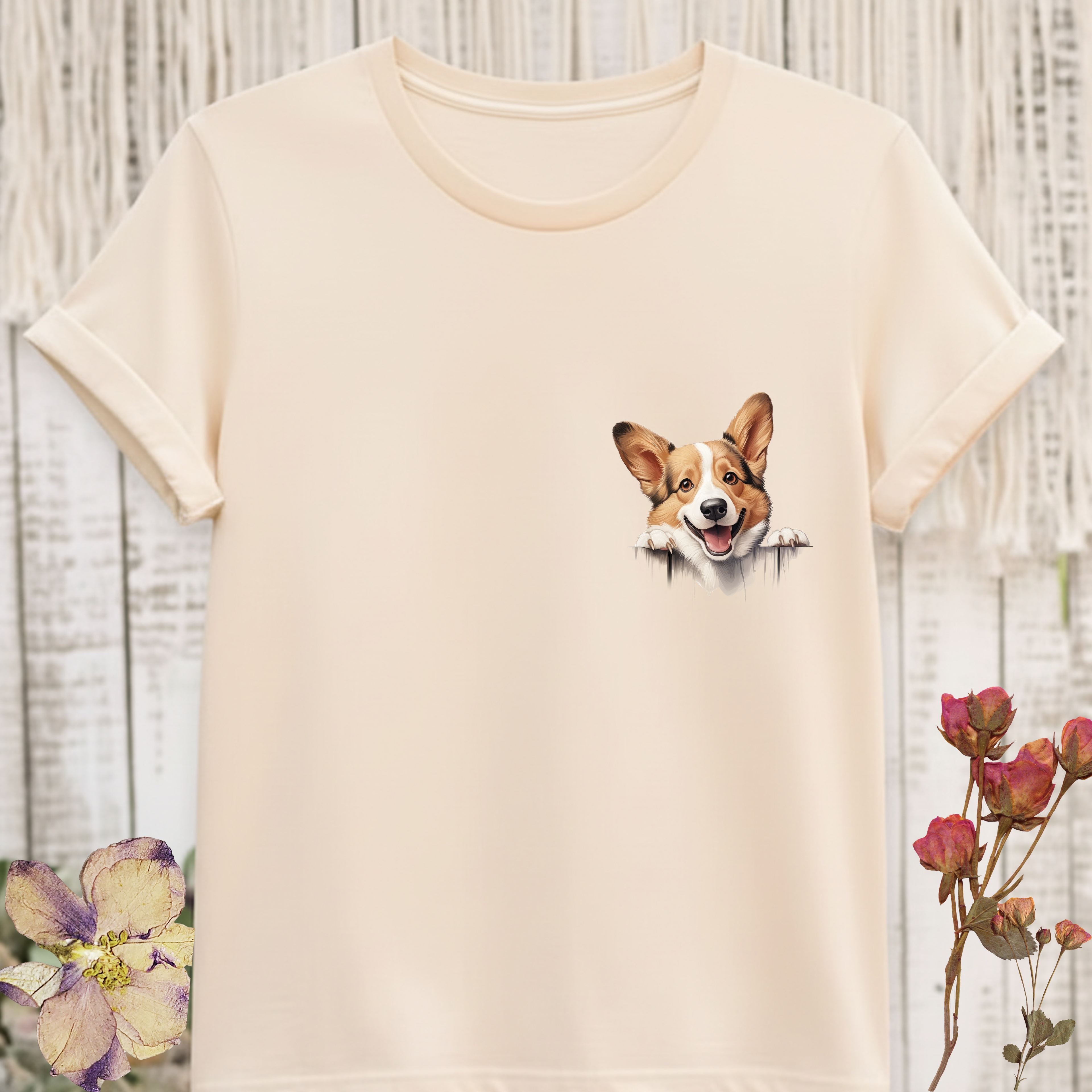 Corgi Peek Pocket T‑Shirt — Cute Dog Face Tee for Pet Lovers